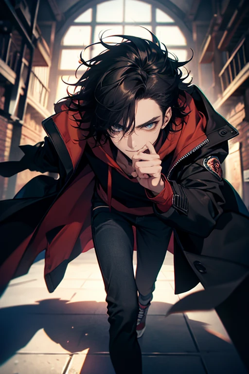 (tmasterpiece, high resolution, ultra - detailed:1.0), (1 male), Eyes looking at the camera, Perfect male body, Delicate eyes and delicate face, Extremely detailed CG, 8K wallpaper, Complicated details, solo person, Detailed face,(Red jacket, Black hoodie, wind coat, long black jeans, Red sneakers, Evil smile, Straight black hair, Messy hair, jail cell, underground room), color difference, Depth of field, dramatic shadow, Ray tracing, Best quality, Cinematic lighting, offcial art, Portrait