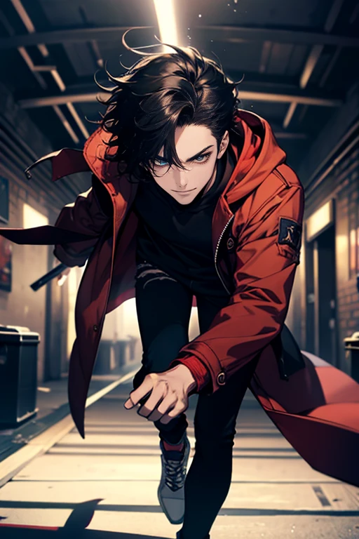 (tmasterpiece, high resolution, ultra - detailed:1.0), (1 male), Eyes looking at the camera, Perfect male body, Delicate eyes and delicate face, Extremely detailed CG, 8K wallpaper, Complicated details, solo person, Detailed face,(Red jacket, Black hoodie, wind coat, long black jeans, Red sneakers, Evil smile, Straight black hair, Messy hair, jail cell, underground room), color difference, Depth of field, dramatic shadow, Ray tracing, Best quality, Cinematic lighting, offcial art, Portrait