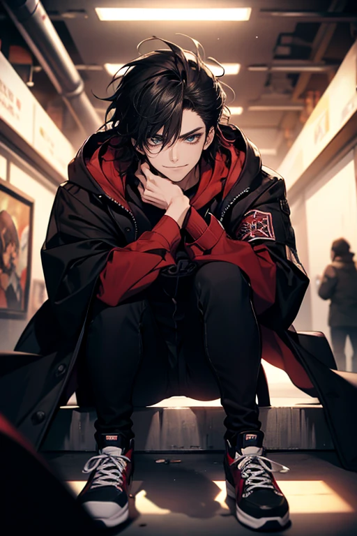 (tmasterpiece, high resolution, ultra - detailed:1.0), (1 male), Eyes looking at the camera, Perfect male body, Delicate eyes and delicate face, Extremely detailed CG, 8K wallpaper, Complicated details, solo person, Detailed face,(Red jacket, Black hoodie, wind coat, long black jeans, Red sneakers, Evil smile, Straight black hair, Messy hair, jail cell, underground room), color difference, Depth of field, dramatic shadow, Ray tracing, Best quality, Cinematic lighting, offcial art, Portrait