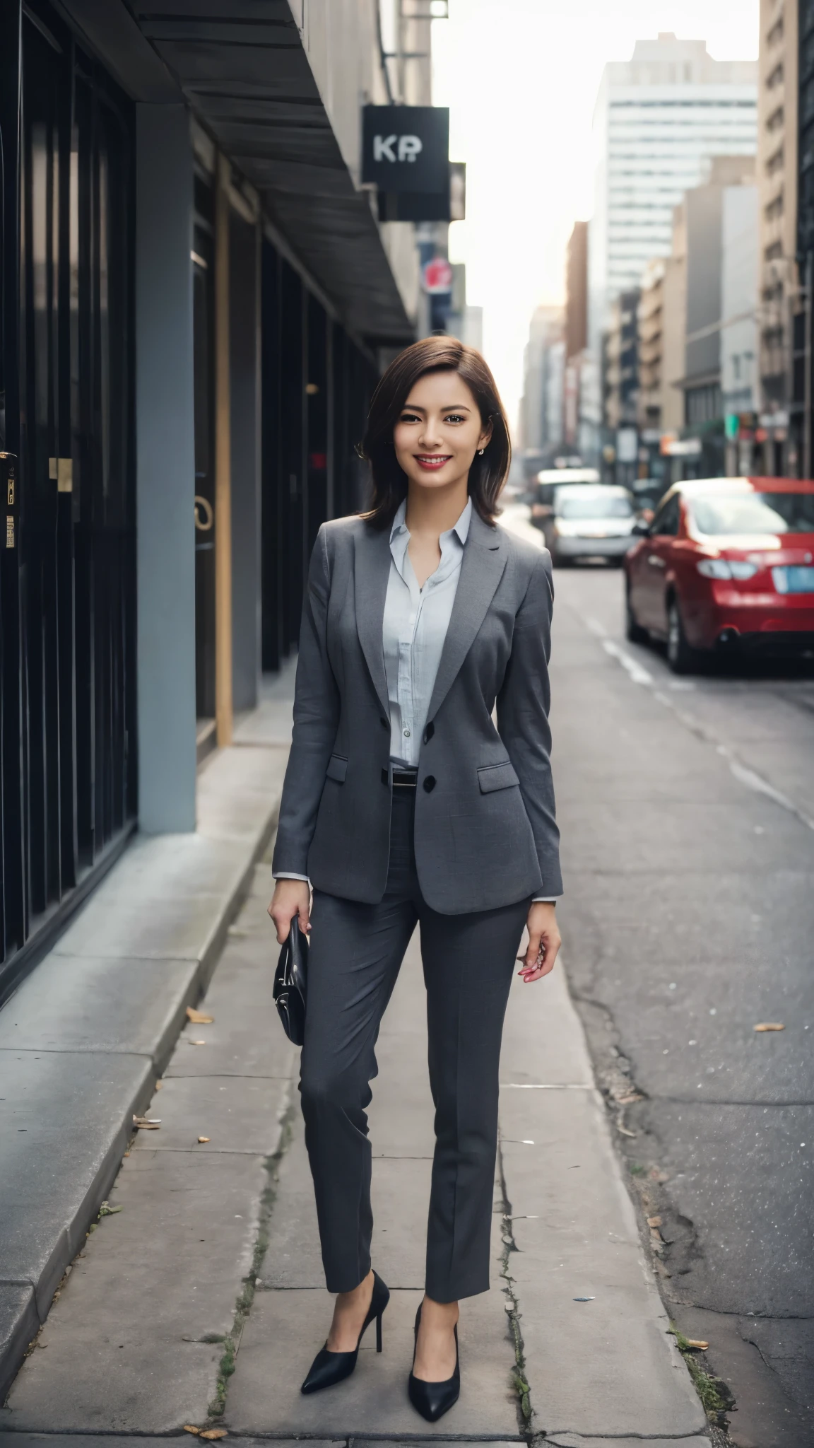 (8k, RAW Photos, highest quality, masterpiece: 1.2), (Realistic, photoRealistic: 1.37), 1 Woman in a suit standing on the sidewalk, Cityscape, Day, Sunny Morning, Professional Lighting, Photon Mapping, Radio City, Brazilian Women, Torn, shirt, Woman in a suit, Silk Suit，The best smile:1.5，Silver Hair:1.5