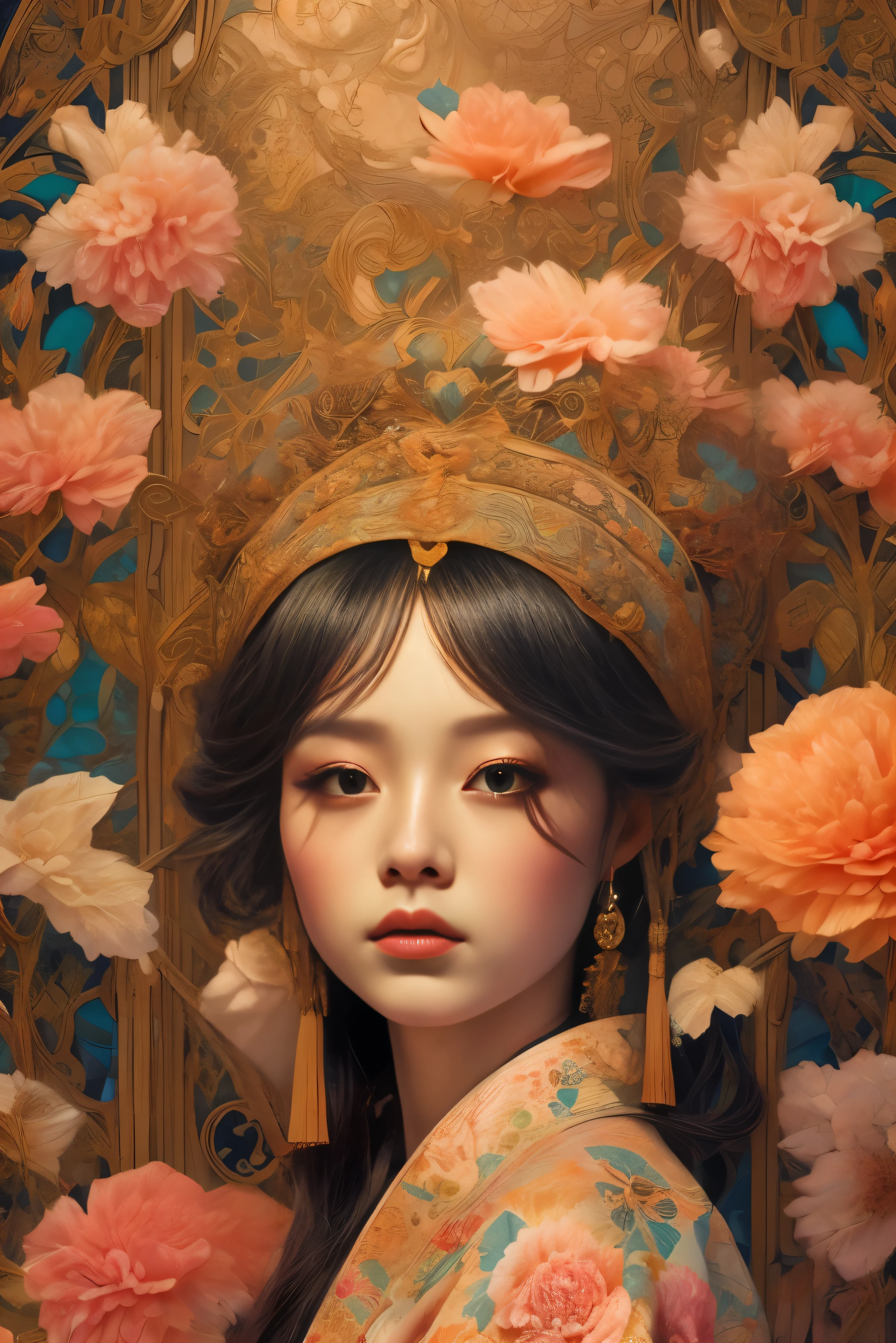 One girl、Traditional Japanese Kimono、Incredibly detailed kimono patterns、Delicate floral pattern、Intricate embroidery、Beautifully detailed face、Long eyelashes、Calm expression、Natural lighting、Soft colors、Warm tones、Cinematic、masterpiece、High resolution、Photorealistic、Super detailed