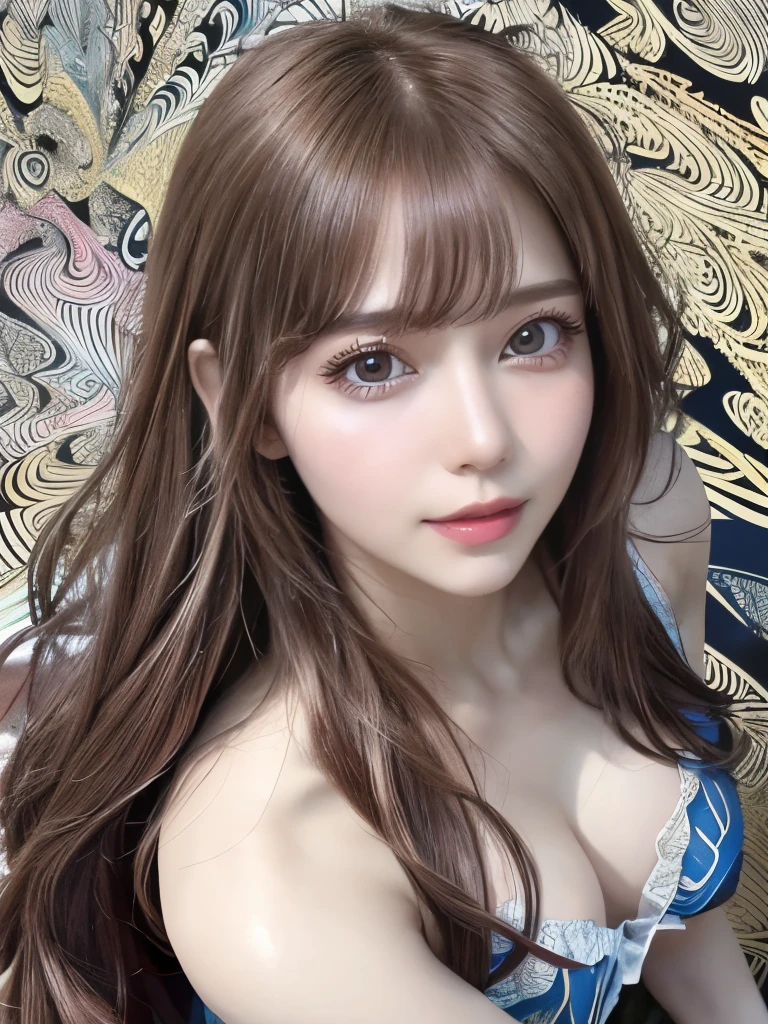 ((Masterpiece:1.2, highest quality)), Hyperrealistic, Super detailed, Ultra-precise depiction, Ultra-detailed depiction, (Zentangle:1.2), (Dynamic pose), (Abstract background:1.5), Ultra-high resolution, Wavy long hair, Pink Hair, One girl, colorful, Portraiture, (From above:1.2), Cinema Lighting, Depth of written boundary,