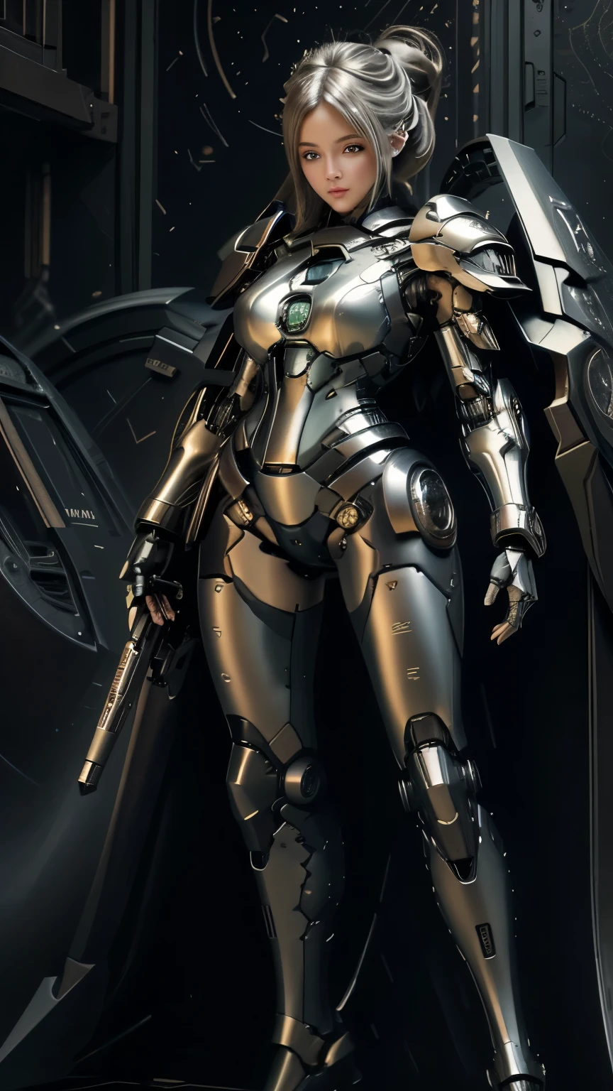 (8K), (best quality), (masterpiece: 1.2), (realistic), ultra detailed, (kiss), 1 girls, short hair, mecha-style robotic armor, beautiful detailed eyes, beautiful detailed nose, full body, breasts big, bewitching thighs erotic, woman, white hair battlefield Alien battlefield