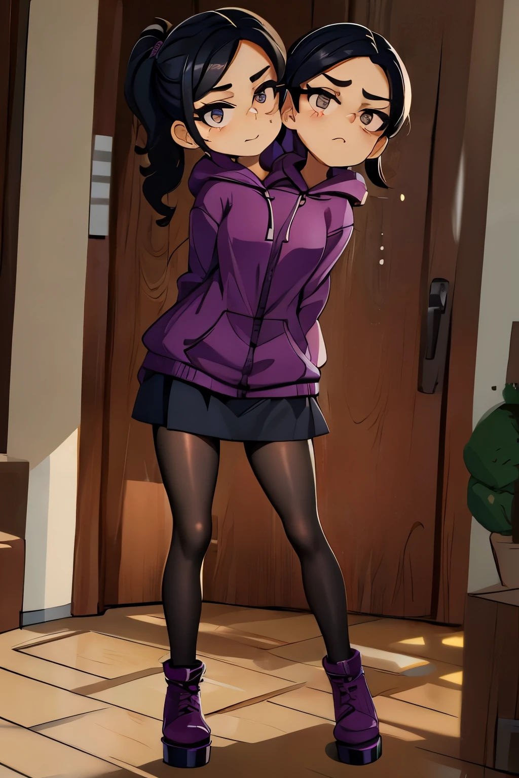 conjoined, 2heads, girl with two heads instead of one, 2head, cuerpo curvilineo, brazos curvilineos, usando shorts, ropa abrigada, piernas curvilineas, anime cartoon, using a purple hoodie, each head has a ponytail, anatomia proporcionada, torso ancho, pechos medianos, full body, perspectiva en picada, platform boots, black boots, black skirt, pantyhose, black high heels Bored
