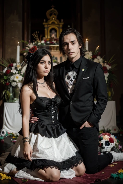 Pareja emo , ella es mexican y el es polaco muy alto , in front of a Day of the Dead altar in Mexico