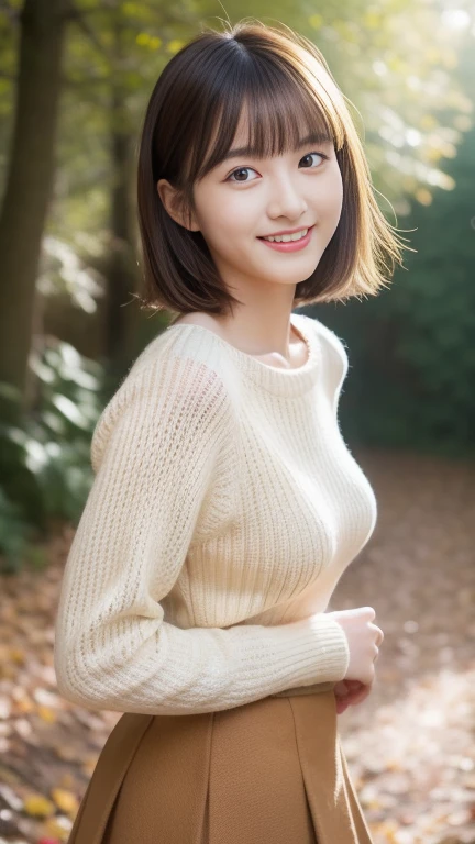 highest quality、8k wallpaper、Reality:1.4、Photographed in natural light、View your viewers、background:Autumnal Forest、1 beautiful girl、Japanese Idol、19 years old、Beautifully detailed eyes、Detailed face、Beautiful Skin、Slender、Slim waist、Thin legs、Red lipstick、Fancy hairstyle:1.8、Random hair color、Light Hair、Asymmetrical bangs、mini skirt、tops:Knitted sweater 、smile:1.5、Seductive pose