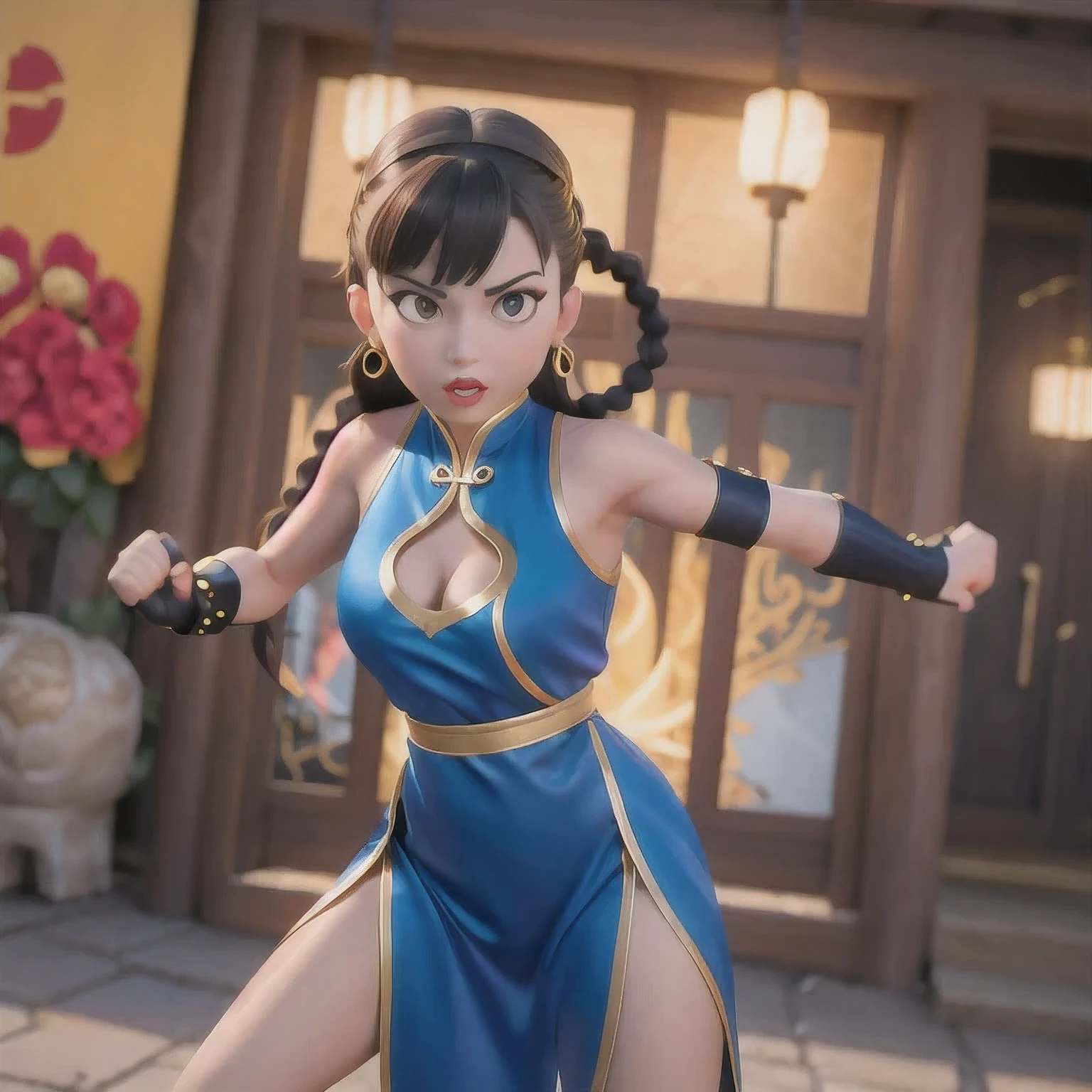 photoshoot
1girl
alternate costume（（Colorful silk clothes））
bare shoulders
black hair
blurry
bracelet
braid
﻿
brown hair
chinese clothes
chun-li
dress
earrings
（（（fighting stance）））
﻿
fingerless gloves
gloves
jewelry
lips
lipstick
long hair
makeup
medium breasts
nose
parted lips
跳跃下落中
sleeveless
solo