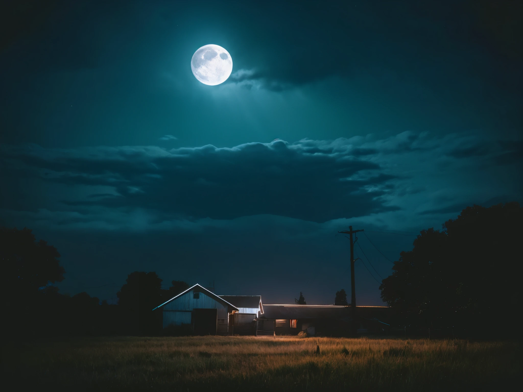 Rural in the 80s,dark night,full moon,dark clouds,Full HD image,high quality