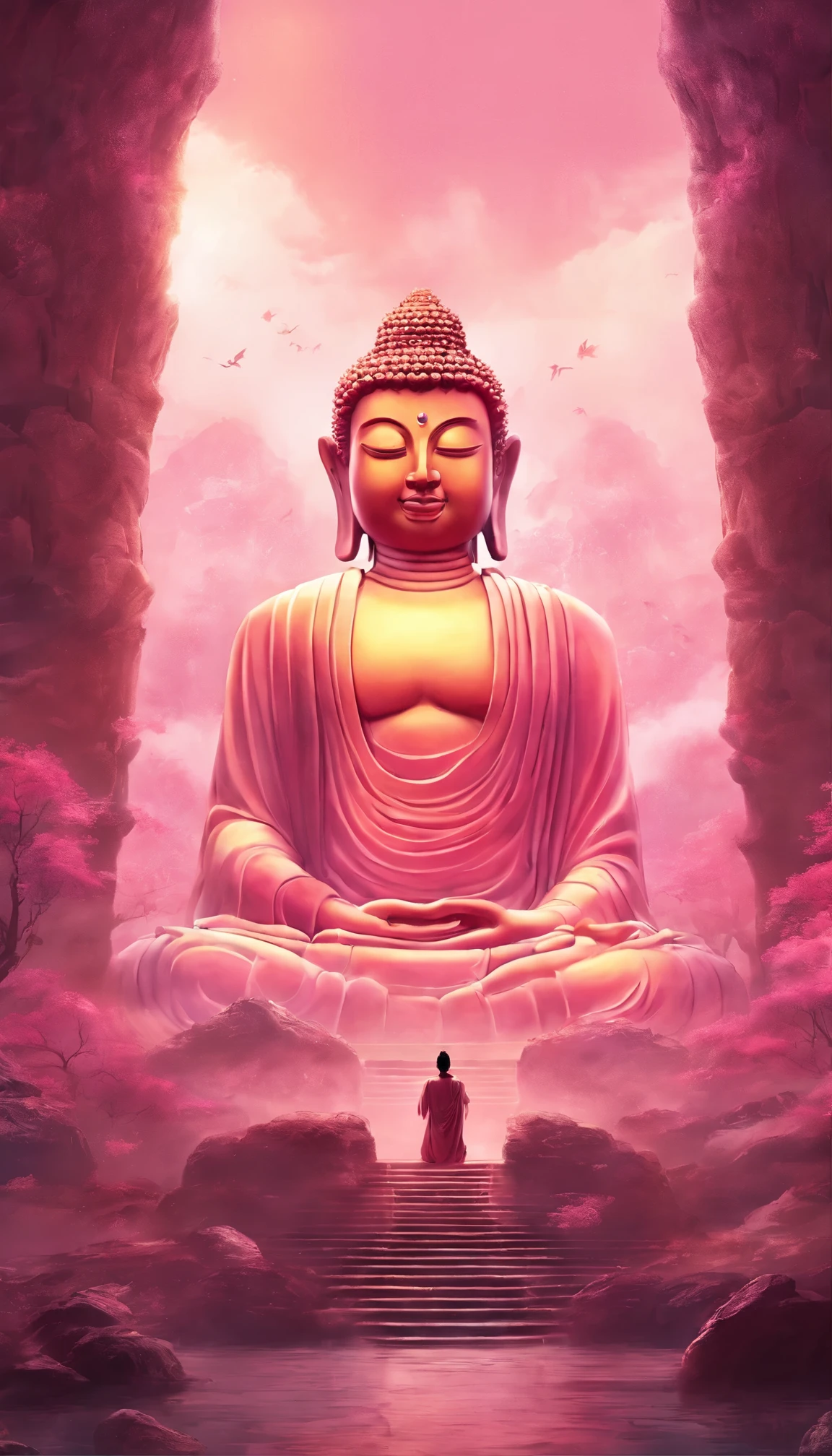 Giant Buddha Statue, stone, texture, expensive, Majestic, The background is illuminated by sunlight.,cloud, pink, It is shining now
