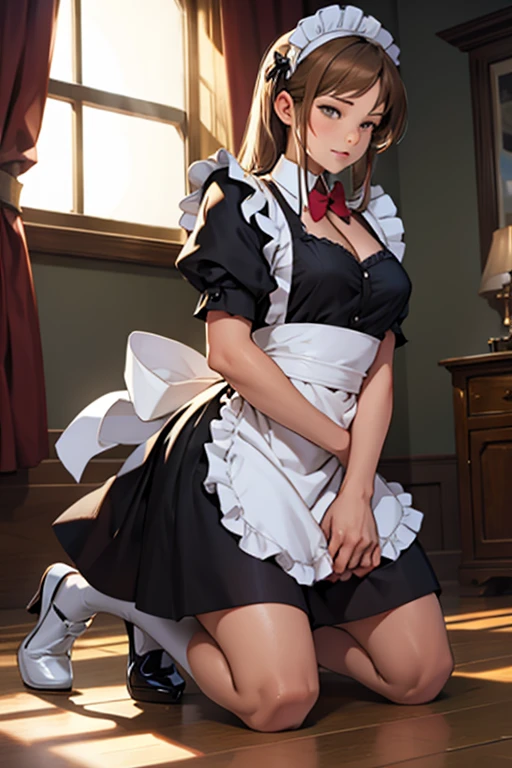 best quality, official art, masterpiece, textile shading, HDR, very detailed, colorful, best details,(masterpiece:1.2, highest quality), (realistic, photorealistic:1.4), beautiful illustrations、Bow tie watching the audience,Front view, (((Maid clothes with wide open chest))) 30 years old、perfect face, Cute symmetrical face, shiny skin, random hairstyle、Big eyes, droopy eyes, long eyelashes、beautiful thighs、Tall and beautiful hair, beautiful face, fine and beautiful eyes, beautiful clavicle, beautiful body, beautiful breasts, beautiful thighs, beautiful feet, beautiful fingers, ((((back view))))、 (beautiful scenery),(business office background), (smile), (((skirt lift, Panties and pantyhose are visible)))