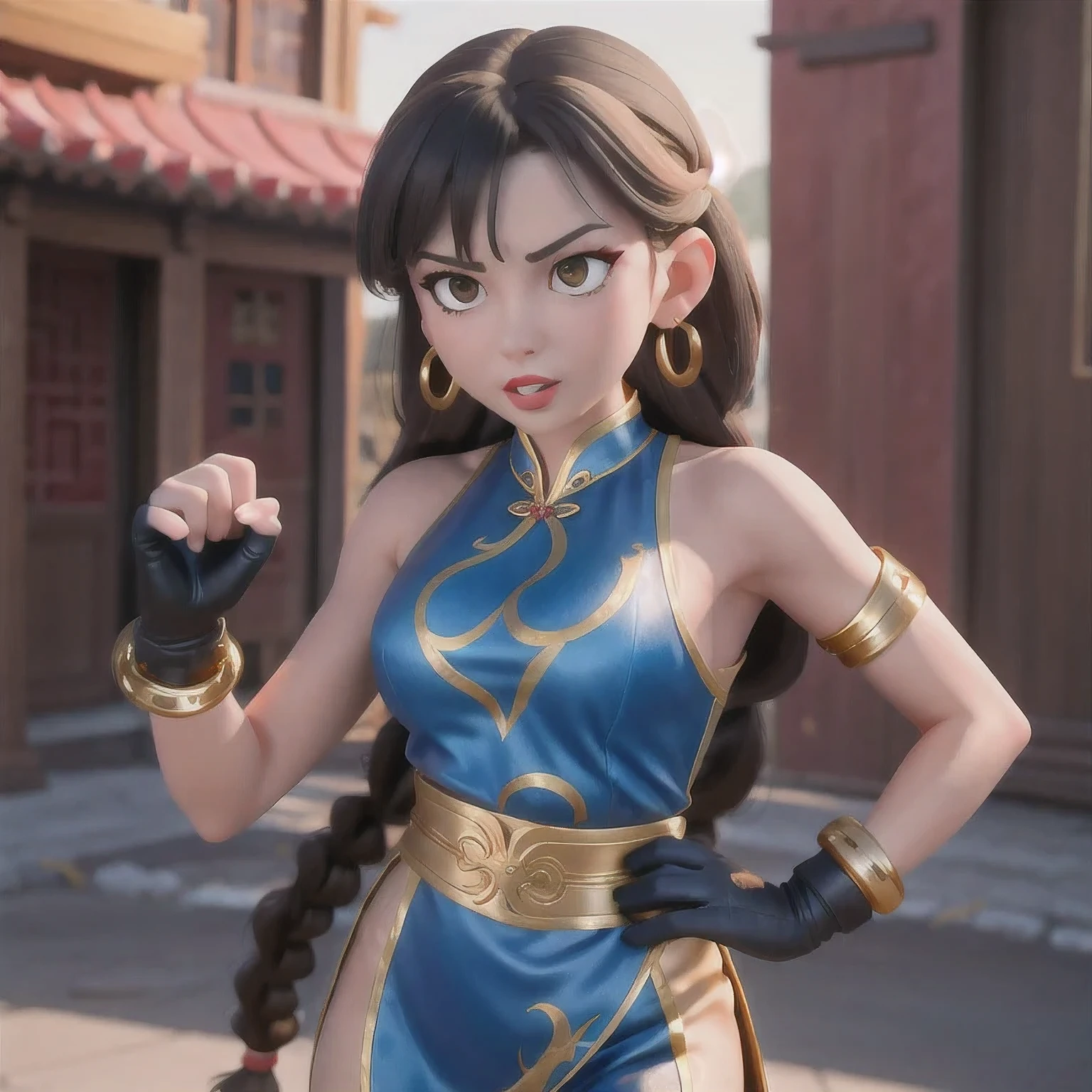 photoshoot
1girl
alternate costume（（Colorful silk clothes））
bare shoulders
black hair
blurry
bracelet
braid
﻿
brown hair
chinese clothes
chun-li
dress
earrings
（（（fighting stance）））
﻿
fingerless gloves
gloves
jewelry
lips
lipstick
long hair
makeup
medium breasts
nose
parted lips
跳跃下落中
sleeveless
solo