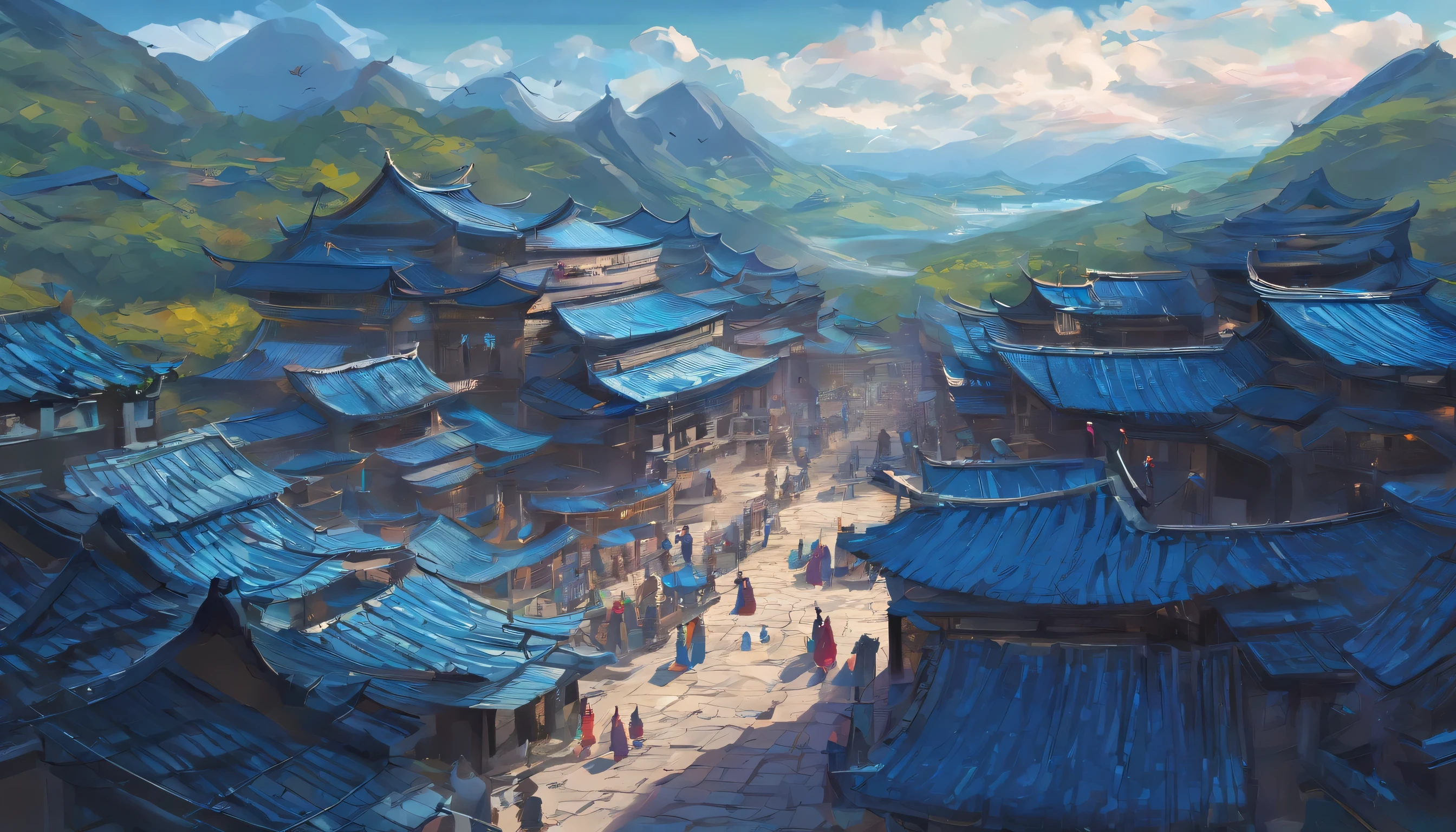 Left and right composition, The Rule of Thirds, Blue Hanfu, Blue clothes, on the square, Many Zhuang villagers, Dancing the flat dan, They danced happily.。, Surrealism, Futurism, Abstract expressionism, rotated, Ultra-Wide Angle, Sony FE GM, UHD, 4K