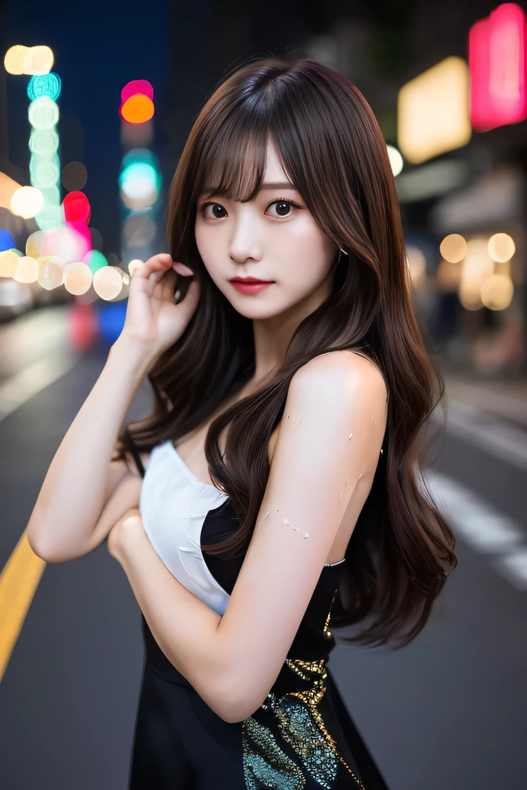 highest quality。８K-Picture。Ultra-high resolution。The background is a night city。With a girl。Long hair、Slightly wavy,,,,,,,,,,,,,,,,,,,,,,,,,,,,,,,,,,,,,,,,,,,,,,,,,,,。The color is dark brown。Glamour Style、((Big Breasts：1.8))。Wearing a red dress、Gorgeous dancing photos。Overall delicate finish。Beautiful body line。Long legs、((Her hair shines as it reflects the street。The eyeball reflects the surrounding scenery。My skin is wet with night dew))。Almost the perfect woman。((time々Upper body close-up))。The second highlighted part々I want a close-up shot。