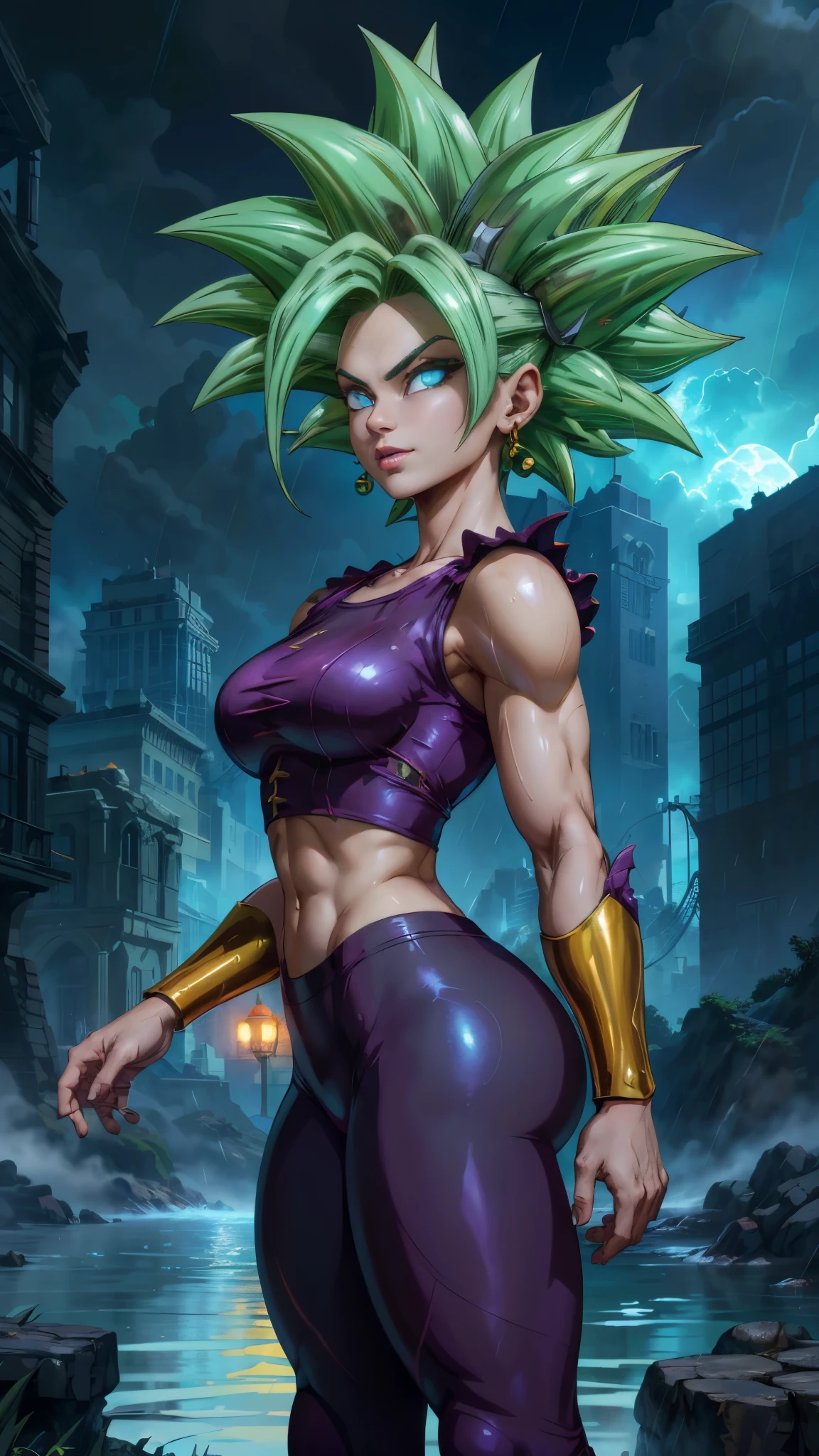 Muscular woman, with spiky green hair, white eyes, wearing a gym outfit, Kale Dragonball super, legendary super saiyan, green, with an erect penis volume showing on the clothes, Holding a glass full of Of a thick milk