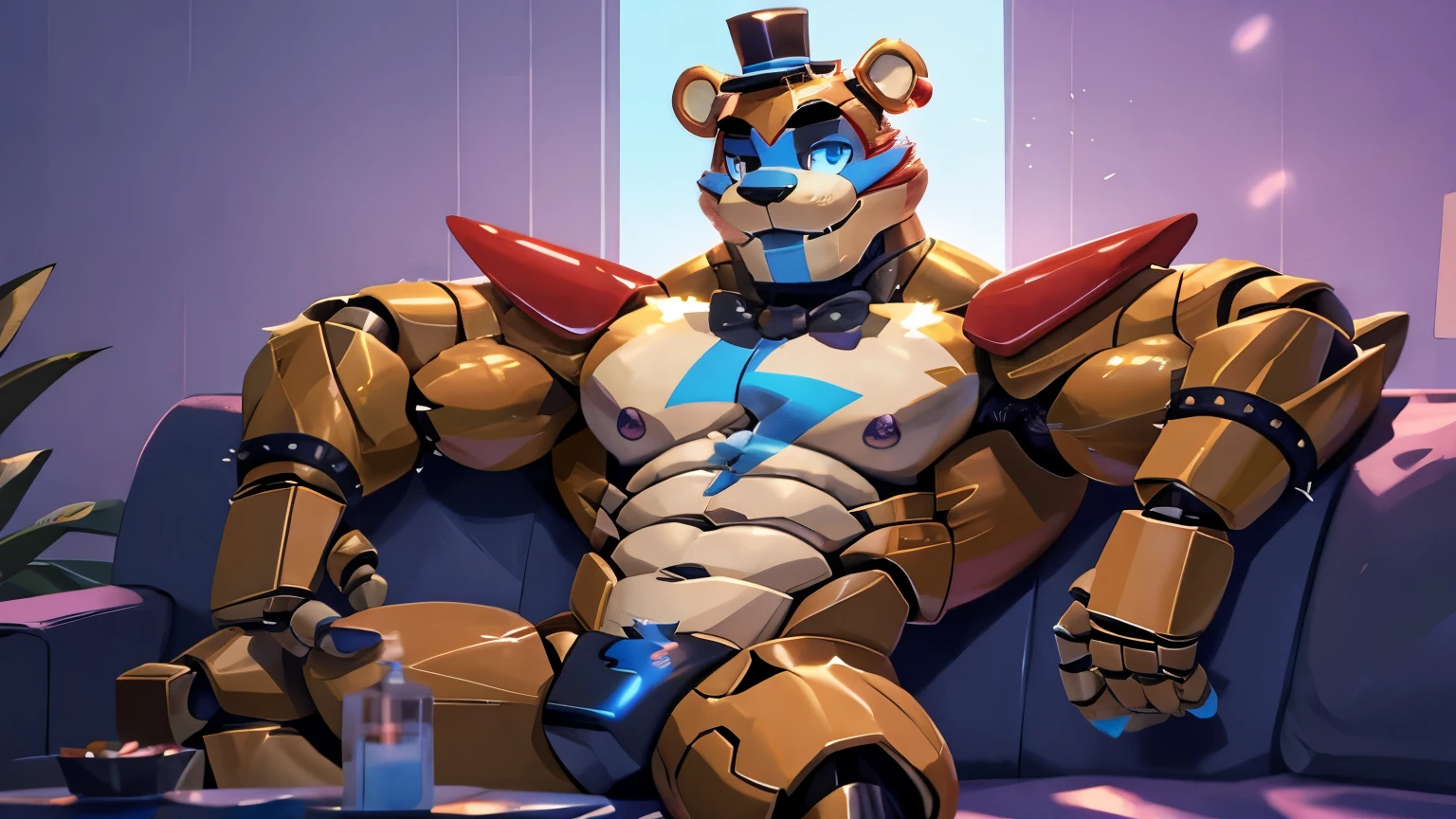 best anatomy, best quality, (by null-ghost,by darkgem,by pino daeni,by zoroj, by redrusker), (furry art, soft shading:1.1), bara, (furry glamrockfreddy,:1.1) robotic bear, (broad shoulders, narrow waist:1.05), 5 fingers, ear ring, blue eyes, black nose, blue claws ,standing in a bedroom, masterpiece, Ultra highest quality, unreal engine, trending on ArtStation, Intricate, Ultra heavy High Detail, dramatic, realism, black leather thong, realistic, sitting, muscle, furry, day, looking_at_viewer, Ultra heavy detailed eyes, Ultra heavy detailed body, Ultra detailed heavy face,  expressive, masculine, BDSM harness,  white fur, hyper realisitc,