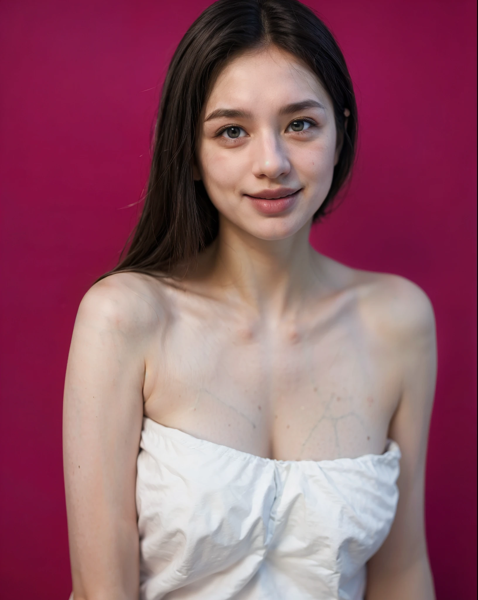 arafed asian woman in a white towel posing for a picture, dilraba dilmurat, cindy avelino, 2 8 years old, 38 years old, 2 9 years old, 2 7 years old, bare shoulders, 3 2 years old, 3 6 years old, 30 years old woman, 3 0 years old woman, 35 years old, veiny breasts, (highly detailed face:1.4) (smile:0.7) (background inside dark, moody, private study:1.3) POV, by lee jeffries, nikon d850, film stock photograph ,4 kodak portra 400 ,camera f1.6 lens ,rich colors ,hyper realistic ,lifelike texture, dramatic lighting , cinestill 800