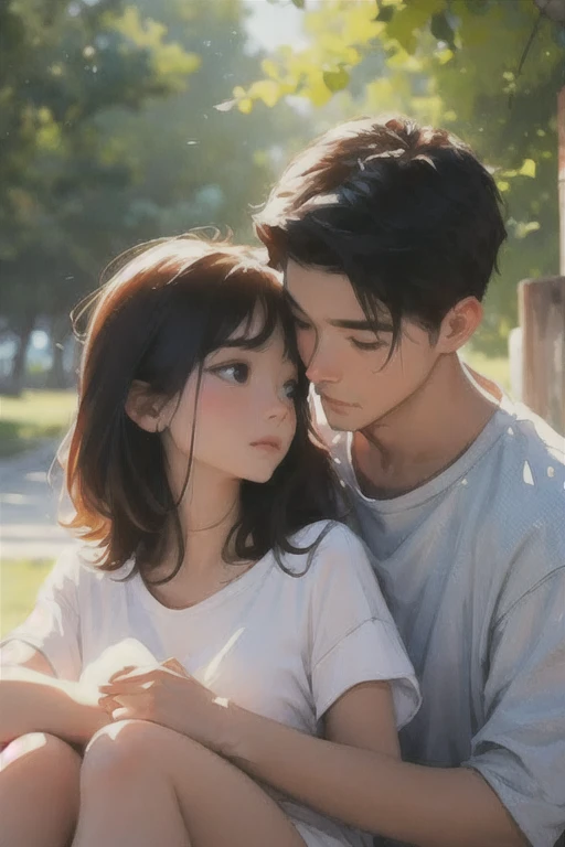 (watercolor style), summer couple, (soft focus:1.2), best quality