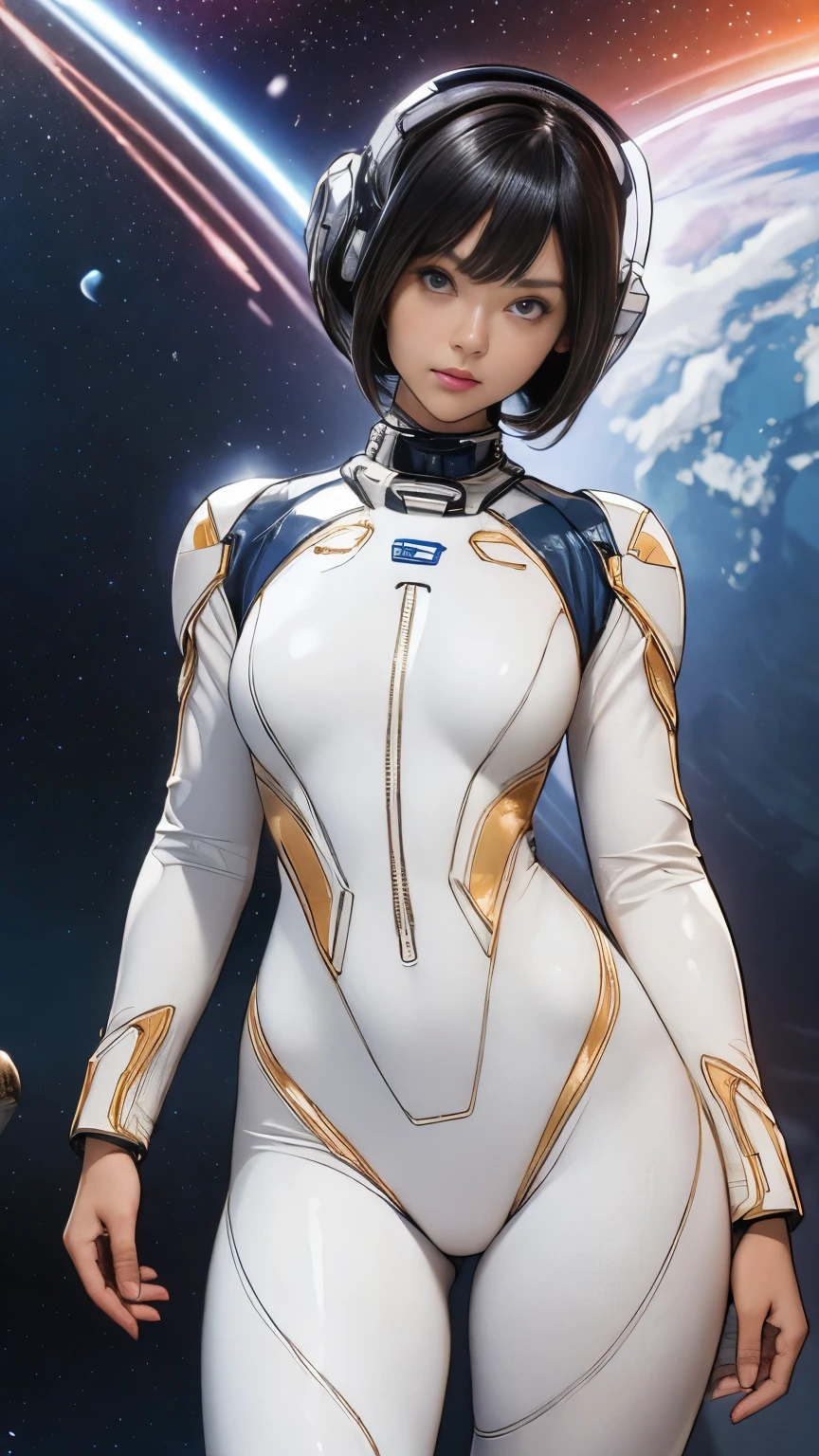 (masterpiece、highest quality、highest resolution、clear_image、Detailed details): (full body figure、 girl、Japanese face、small face、thin、navy blue super short bob cut hair、blue colored eyes、((navy long sleeve space suit、space helmet))、headset、cosmic handbag、cute type、gentle smile、soft expression、headset、(((knee high boots)))、gloves up to the elbow、eye level shot、face directly、woman on a spaceship), (((camel toe))), ((Pure white leotard))