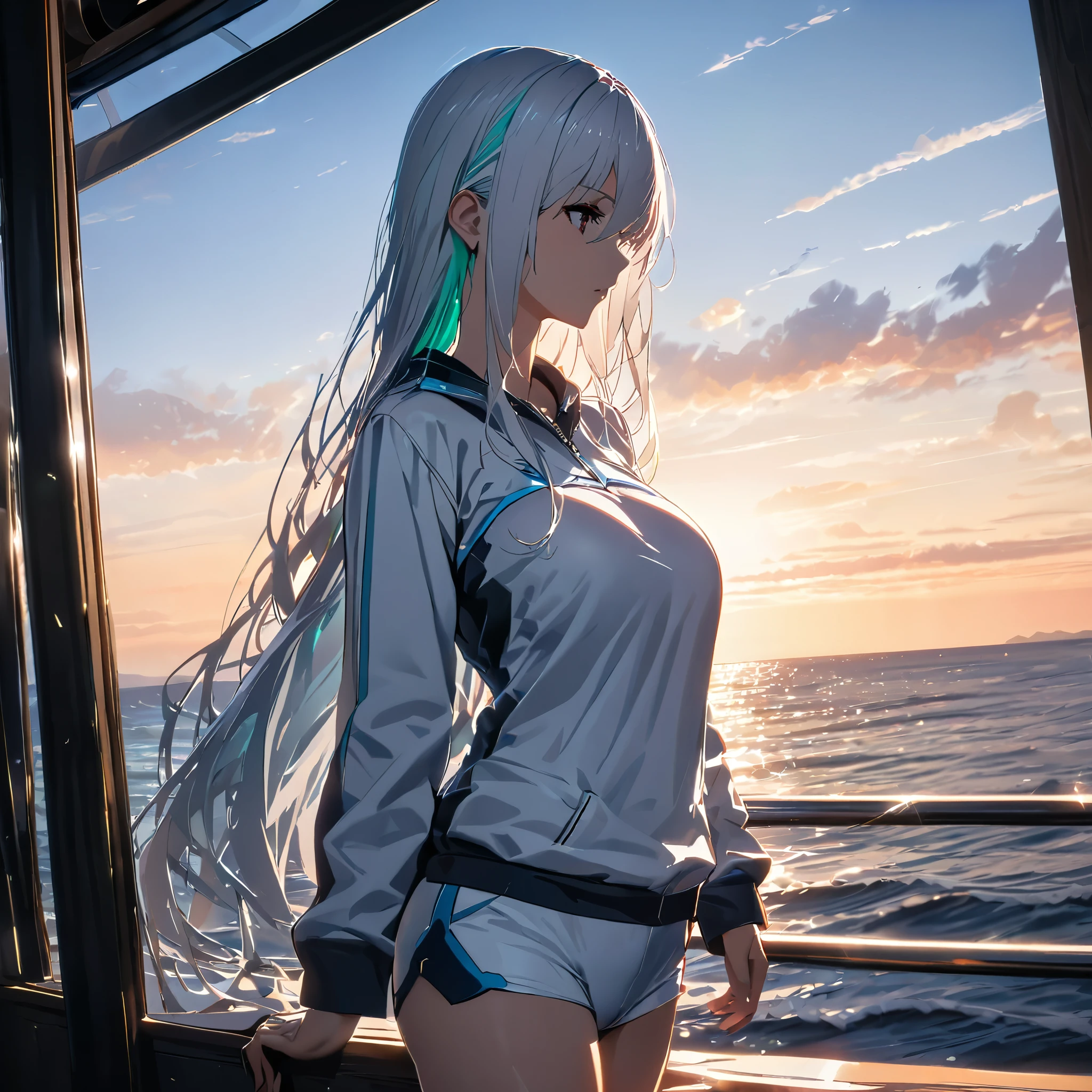 A woman wearing a white sweatshirt with light blue trim, wearing white sports shorts, white hair, long hair, multicolored hair, walking in a cabin of a luxury yacht with dim blue lighting, with a wide view of the sea, with the sky in the early evening.. big breast .shadow, flower, UHD, masterpiece, accurate, anatomically correct, textured skin, super detail, high quality, best quality, 8k, high resolution, bokeh effect. (woman alone)