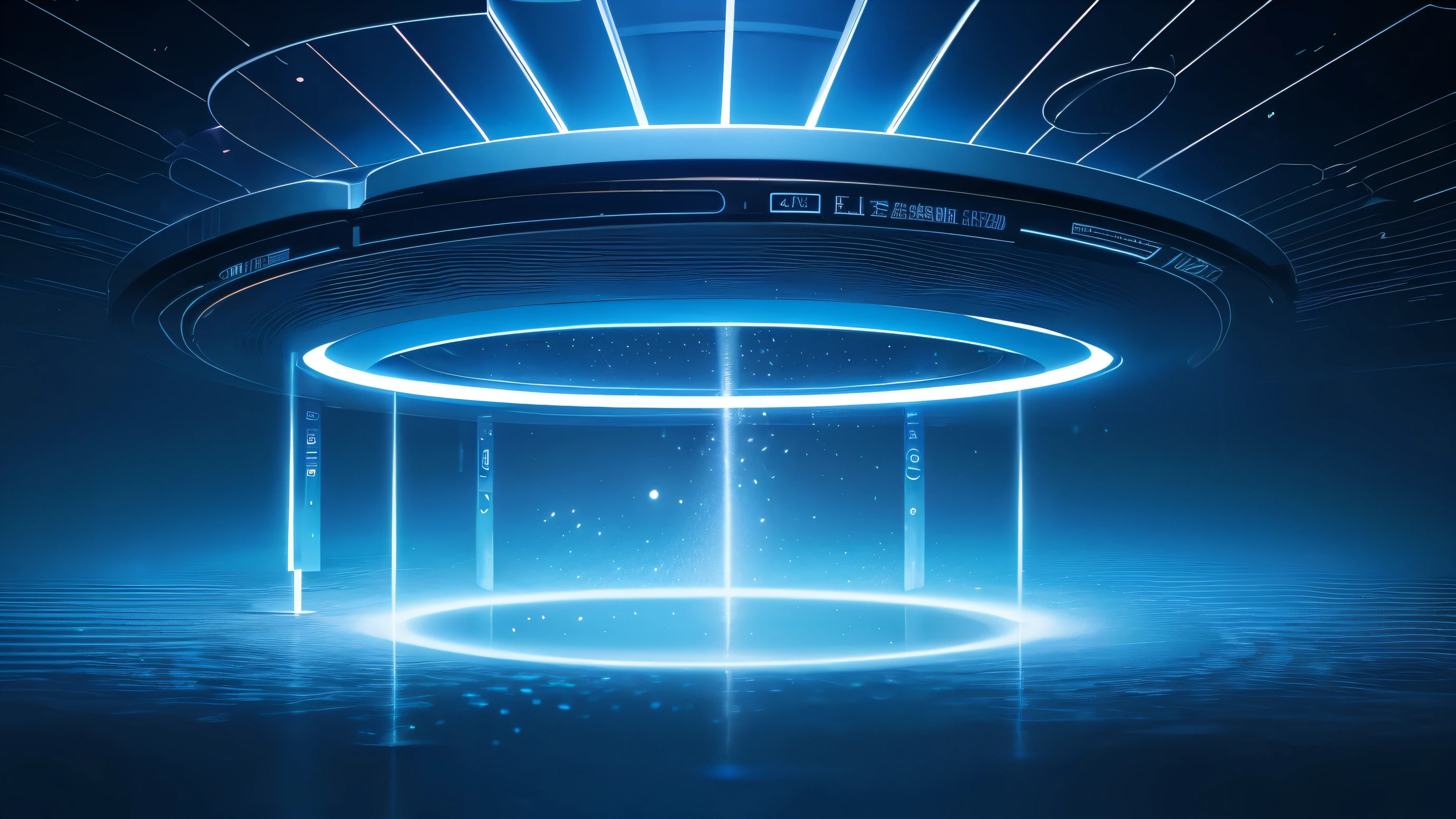 technology blue future technology digital future lighting scene business background ，Background abstract transparent glass frame composed of lights，Round stage，abstract、Gorgeous lighting。geometry