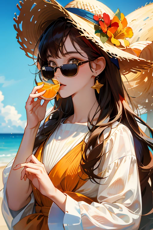 absurdres, highres, ultra detailed, 1girl, solo, extremely detailed eyes, starfish, seashell, shell, flower, hat, hair ornament, jewelry, straw hat, looking at viewer, sunglasses, hat flower, drinking straw, hairclip, earrings, red flower, tinted eyewear, yellow flower, bangs, english text, multicolored hair, orange flower, black hair, ring, cup, long hair, orange-tinted eyewear, food, brown hair, portrait, shell hair ornament