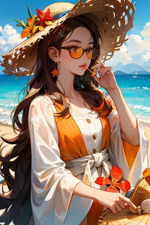absurdres, highres, ultra detailed, 1girl, solo, extremely detailed eyes, starfish, seashell, shell, flower, hat, hair ornament, jewelry, straw hat, looking at viewer, sunglasses, hat flower, drinking straw, hairclip, earrings, red flower, tinted eyewear, yellow flower, bangs, english text, multicolored hair, orange flower, black hair, ring, cup, long hair, orange-tinted eyewear, food, brown hair, portrait, shell hair ornament