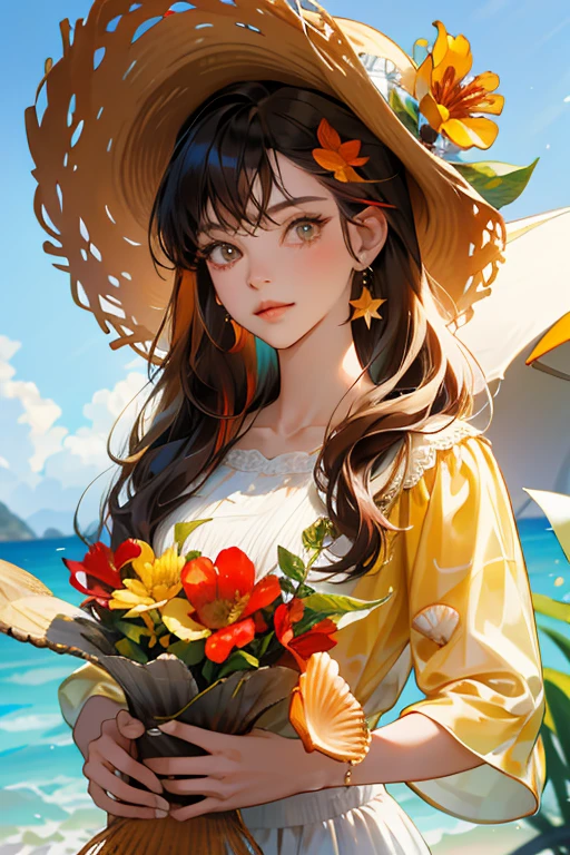 absurdres, highres, ultra detailed, 1girl, solo, extremely detailed eyes, starfish, seashell, shell, flower, hat, hair ornament, jewelry, straw hat, looking at viewer, sunglasses, hat flower, drinking straw, hairclip, earrings, red flower, tinted eyewear, yellow flower, bangs, english text, multicolored hair, orange flower, black hair, ring, cup, long hair, orange-tinted eyewear, food, brown hair, portrait, shell hair ornament