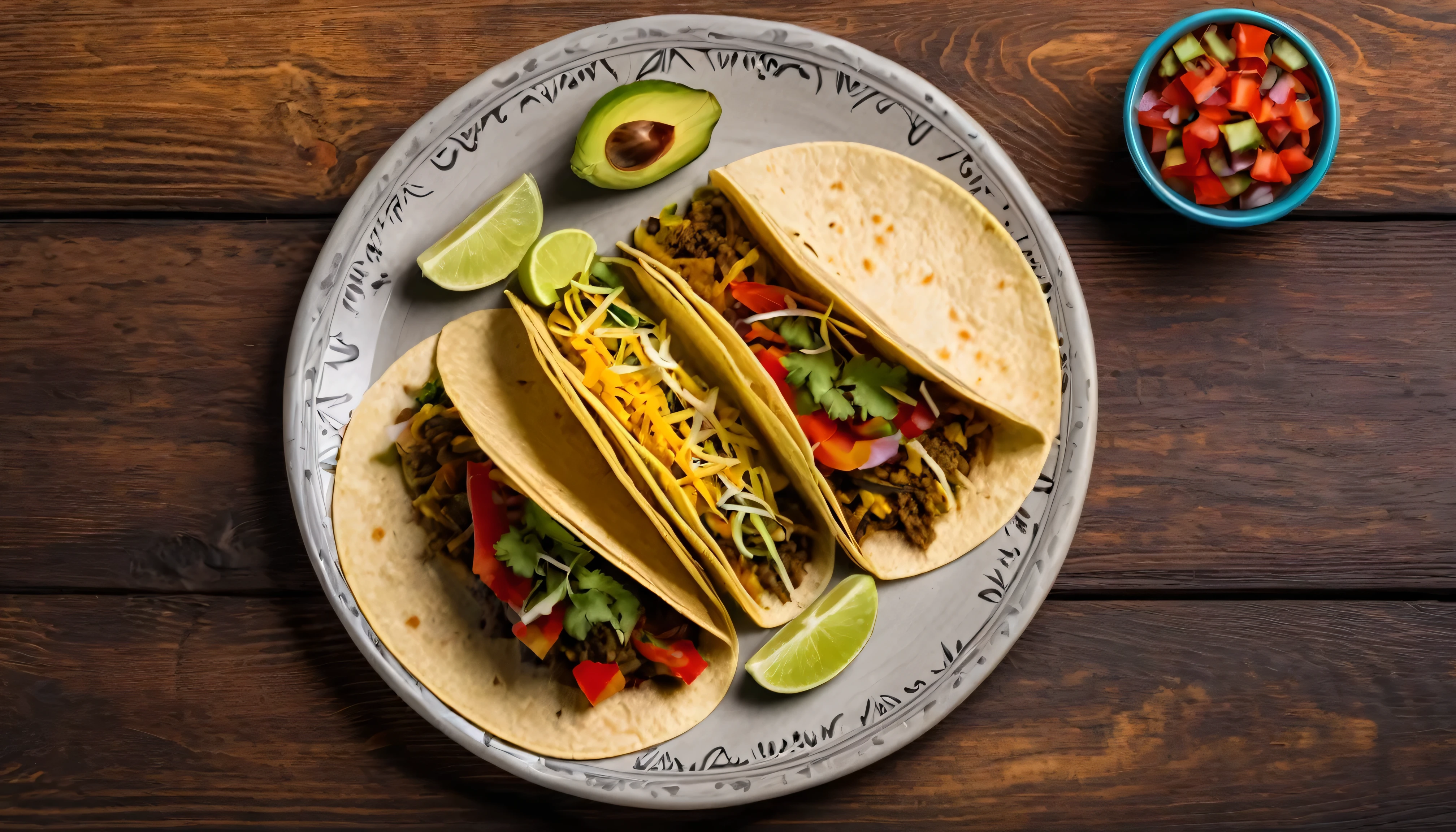 Top view of traditional mexican food tacos with vegetables on a plate on wood