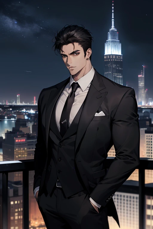 (absurdres, highres, ultra detailed, realistic, ), 1 male, solo, adult, , tall muscular guy, broad shoulders, handsome, very short hair, black hair, brown eyes, angular jaw, thick neck, thick eyebrows, night, dark, the night view of the city background, formal suit, necktie, upper body