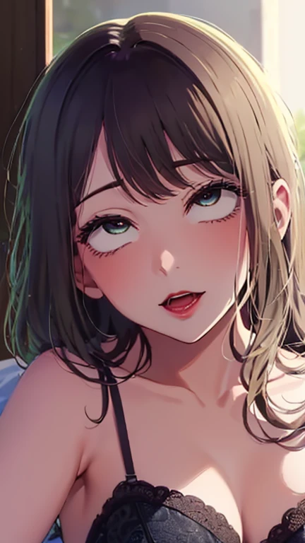 (Top quality masterpiece:1.2) Delicate illustrations, Very detailed, /Beautiful Japanese Women、1 person,Very cute and slim、Great style 、((8k images、super high quality))、Very delicate face, beautifule forehead、Shout、Bright red lipstick,very cute、Kind eyes,((((lingerie))))、Sleeping in bed、pleasure、joy、Laughter