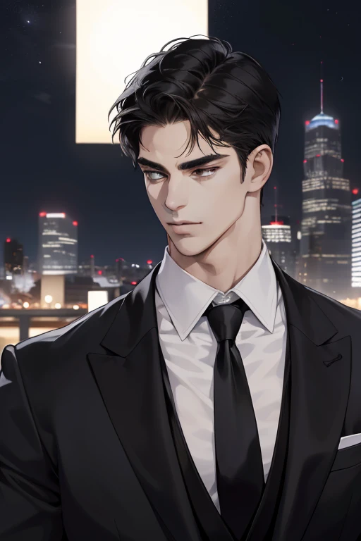 (absurdres, highres, ultra detailed, realistic, ), 1 male, solo, adult, mature, tall muscular guy, broad shoulders, handsome, very short hair, black hair, brown eyes, angular jaw, thick neck, thick eyebrows, night, dark, the night view of the city background, formal suit, necktie, upper body