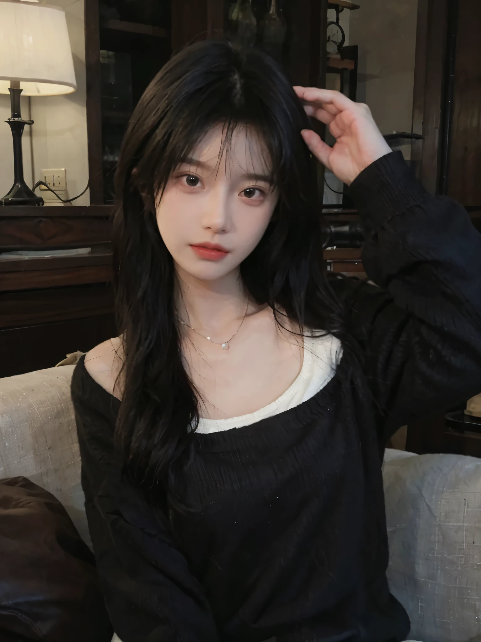 best qualtiy, Ultra-high resolution, (realisticlying:1.4),cute hairpin,1girll,Red long-haired,Cropped black sweater ,Beautiful woman with a slim figure:1.4, Pronounced abs:1.4, On the island,Ultra-fine face,Elaborate Eyes,double eyelid,choker necklace