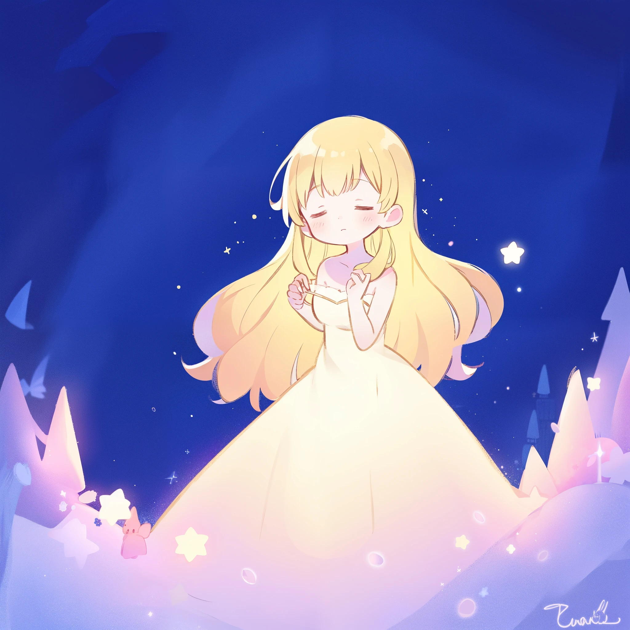 complex background, wishing star background, a woman wearing an ethereal mystical pink translucent dress that reflects the stars, dreamy, peaceful, serene composition, glowing stars, glowing, complex drawing, highly detailed, ethereal, starry night, midjourney style