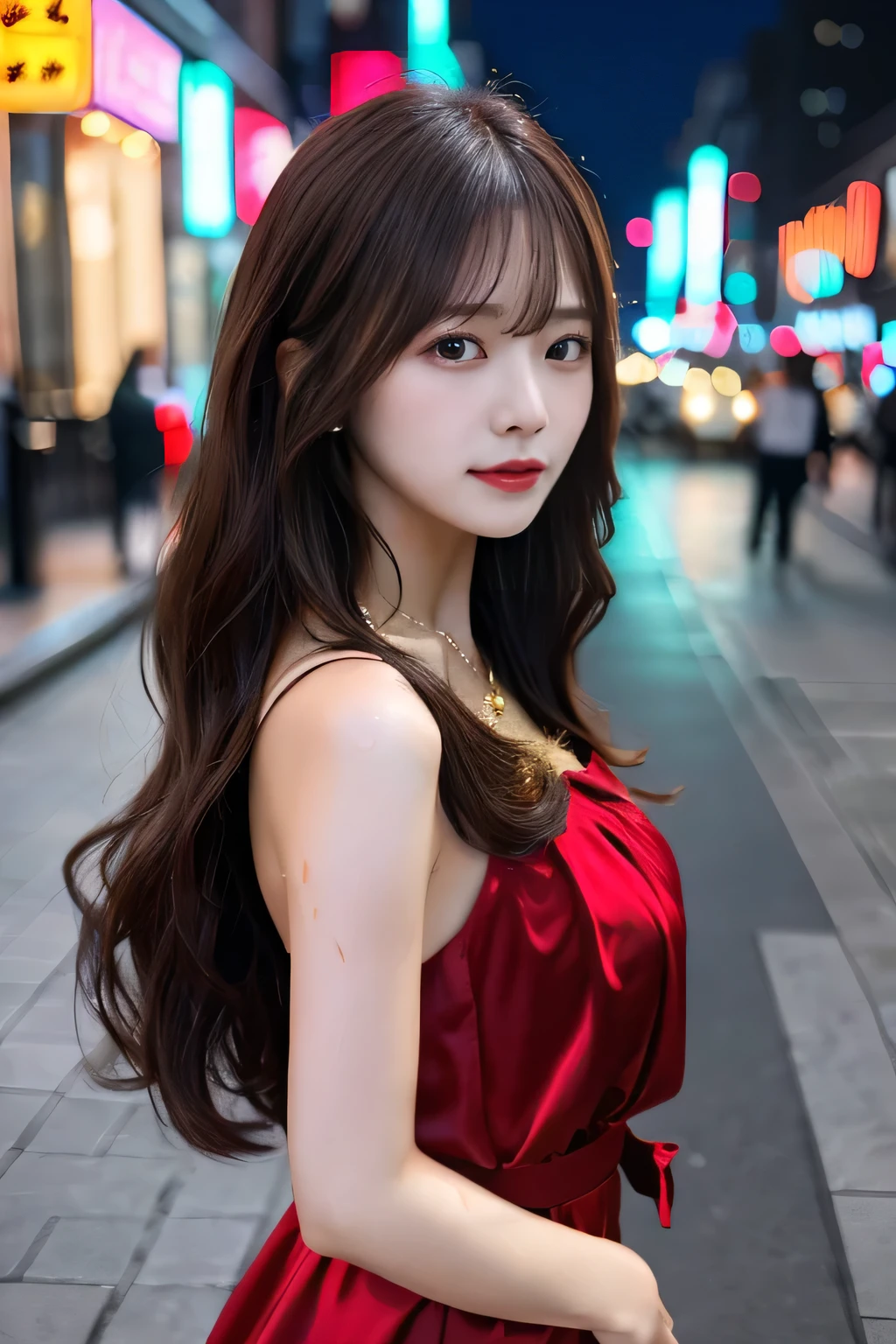 highest quality。8K-Picture。Ultra-high resolution。The background is a night city。With a girl。Long hair、Slightly wavy,,,,,,,,,,,,,,,,,,,,,,,,,,,,,,,,,,,,,,,,,,,,,,,,,,,。The color is dark brown。Glamour Style、((Big Breasts:1.8))。Wearing a red dress、Gorgeous dancing photos。Overall delicate finish。Beautiful body line。Long legs、((Her hair shines as it reflects the street。The eyeball reflects the surrounding scenery。My skin is wet with night dew))。Almost the perfect woman。((time々Upper body close-up))。The second highlighted part々I want a close-up shot。