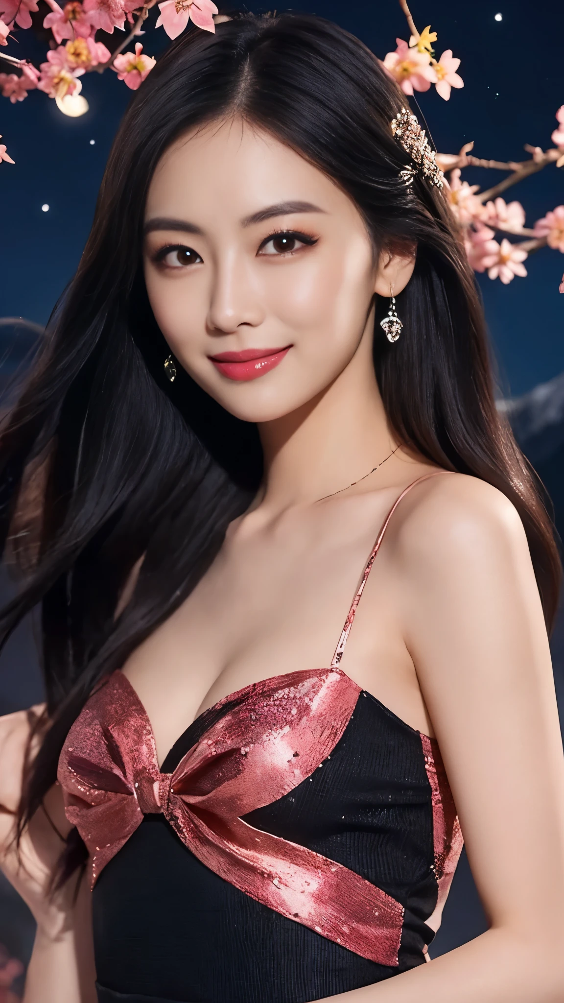 masterpiece, 最high quality, night, Mountain, full moon, Long black hair, woman, fire Fly, performer, Mysterious cherry tree, Pink leaves, high quality, Beautiful graphics, High detail,The best smile:1.5,Flashy makeup with red eyeshadow:1.5