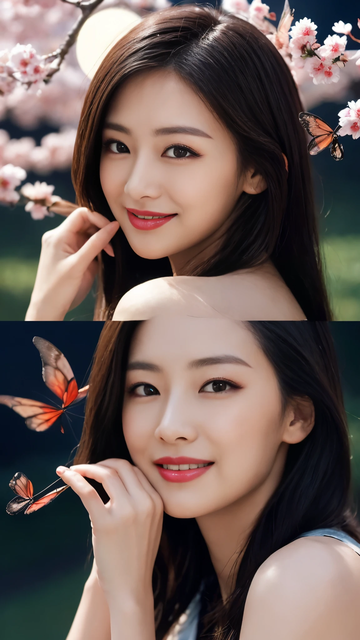 masterpiece, 最high quality, night, Mountain, full moon, Long black hair, woman, fire Fly, performer, Mysterious cherry tree, Pink leaves, high quality, Beautiful graphics, High detail,The best smile:1.5,Flashy makeup with red eyeshadow:1.5