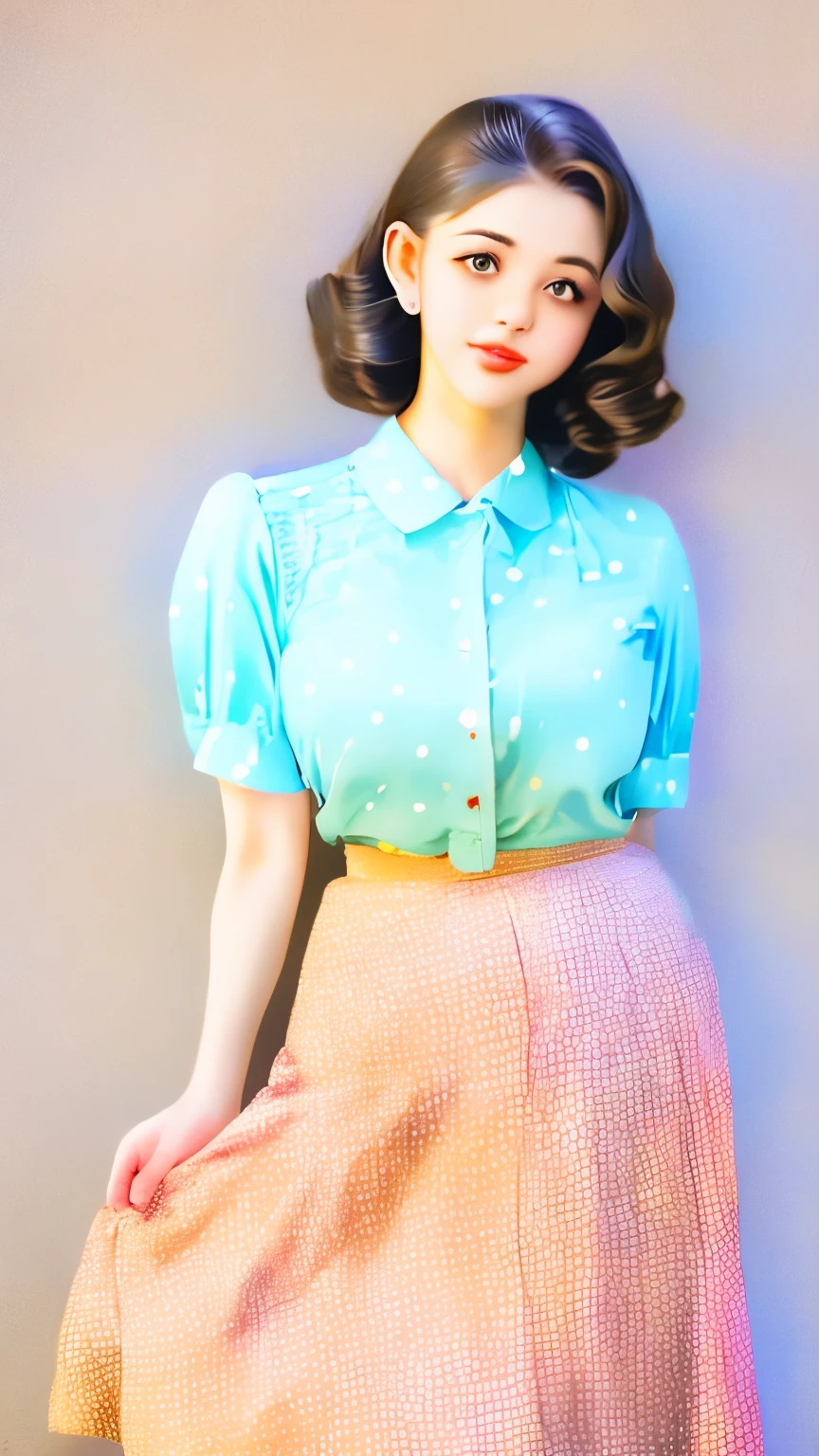 a woman in a polka dot shirt and a skirt posing for a picture, wide skirts, retro and ethereal, 50s style, cream colored blouse, 5 0 s style, midi skirt, pinup style, by Edward Avedisian, retro 5 0 s style, retro style ”, 1 9 5 0 s style, vintage clothing, pleated skirt, white russian clothes