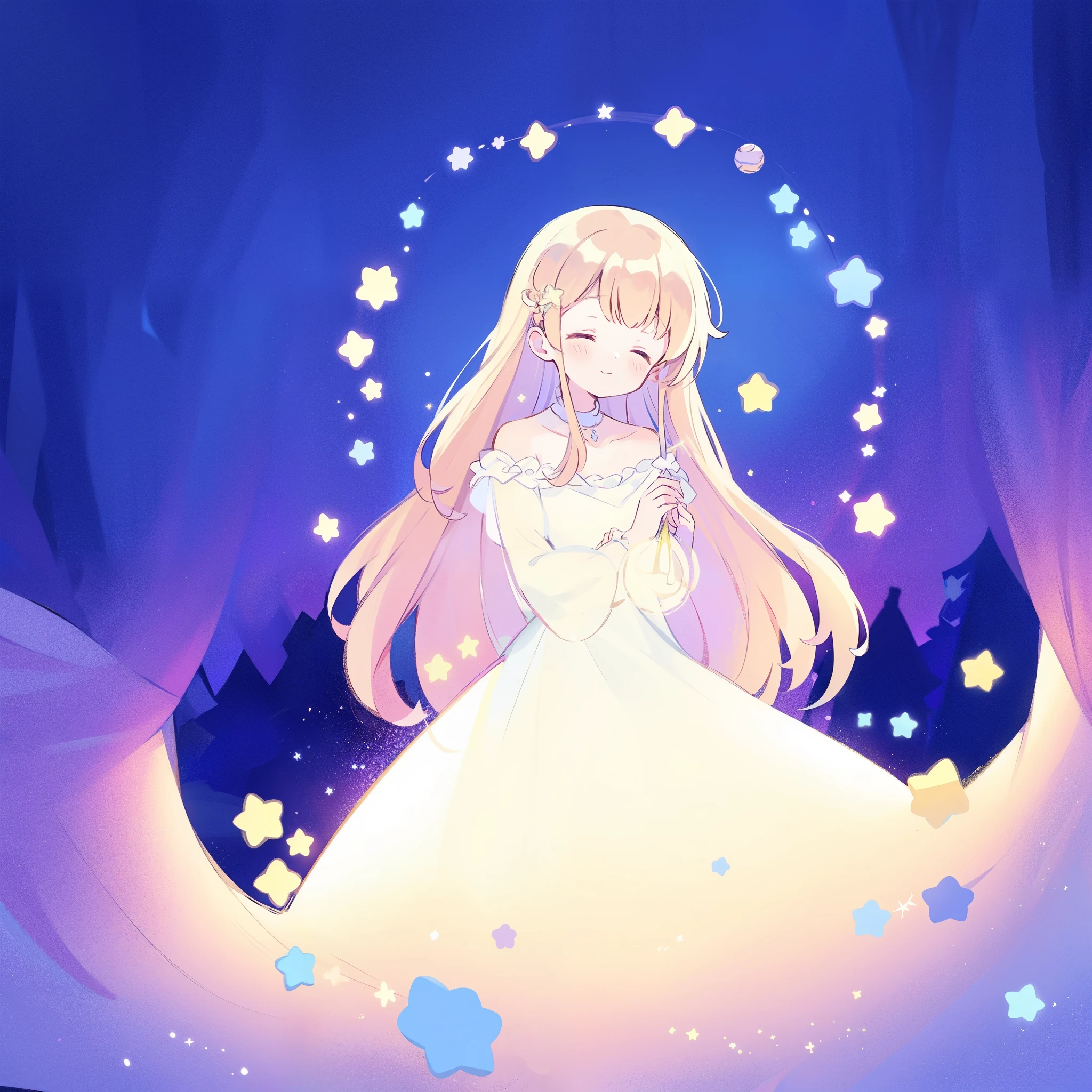 cute style, complex background, wishing star background, a woman wearing an ethereal mystical pink translucent dress that reflects the stars, dreamy, peaceful, serene composition, glowing stars, glowing, complex drawing, highly detailed, ethereal, starry night, midjourney style