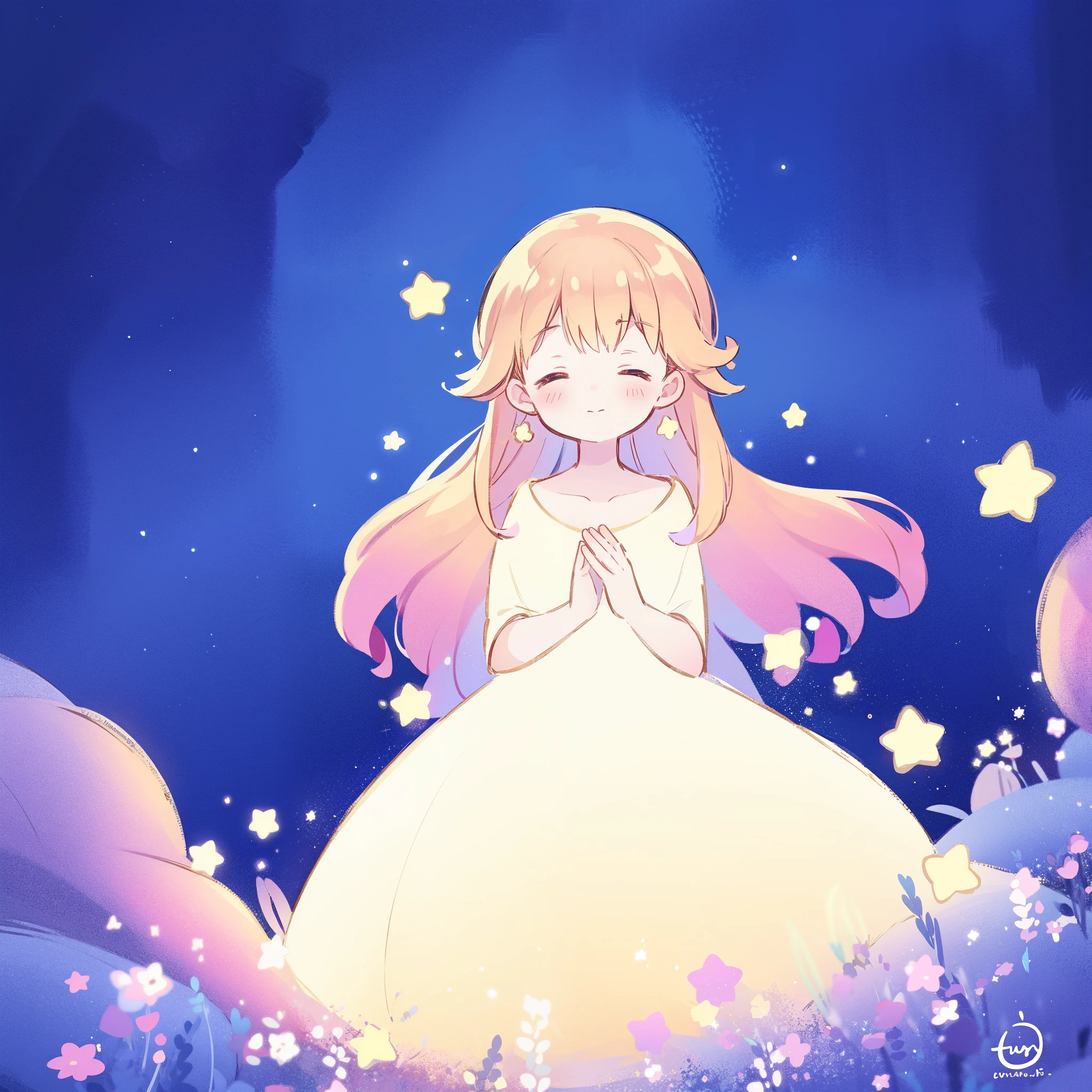cute style, complex background, wishing star background, a woman wearing an ethereal mystical pink translucent dress that reflects the stars, dreamy, peaceful, serene composition, glowing stars, glowing, complex drawing, highly detailed, ethereal, starry night, midjourney style