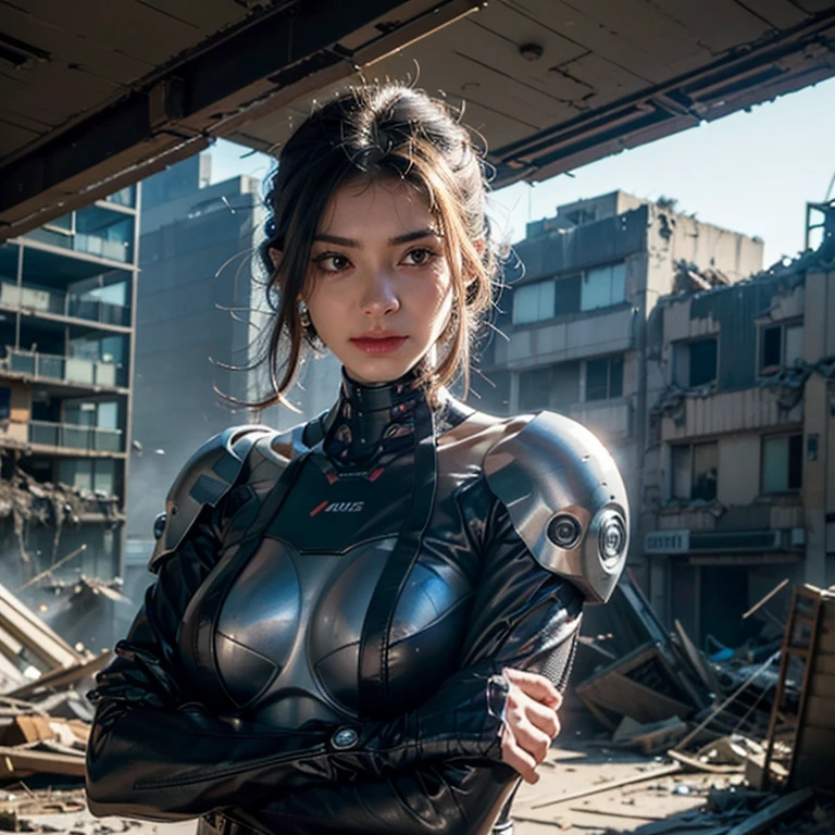 A highly detailed Cyborg, arms crossed in front of a destroyed city, sporting futuristic details on his bionic body. (An extremely detailed cyborg with crossed arms in front of a destroyed city, with futuristic details on their bionic body.)