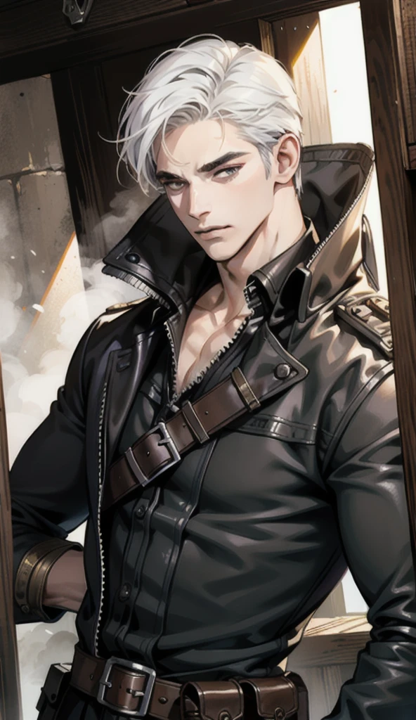 (absurd res, high res, ultra detailed), 1 male, adult, handsome, tall muscular guy, broad shoulders, white hair, finely detailed eyes, portrait, looking at viewer, solo, half shot, detailed background, detailed face, (steampunk industrial), smirk, renegade, rugged dark leather clothes, small leather pouch, high fantasy medieval setting, smuggler hideout background, stealth, undercover, (crates in background), shadows, fog, (dutch angle), closed mouth