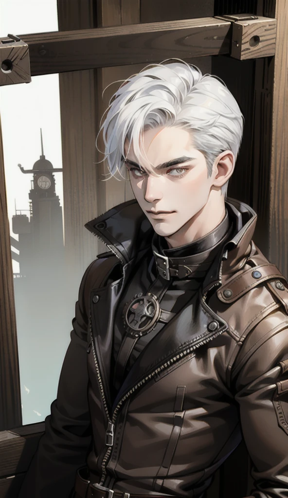 (absurd res, high res, ultra detailed), 1 male, adult, handsome, tall muscular guy, broad shoulders, white hair, finely detailed eyes, portrait, looking at viewer, solo, half shot, detailed background, detailed face, (steampunk industrial), smirk, renegade, rugged dark leather clothes, small leather pouch, high fantasy medieval setting, smuggler hideout background, stealth, undercover, (crates in background), shadows, fog, (dutch angle), closed mouth