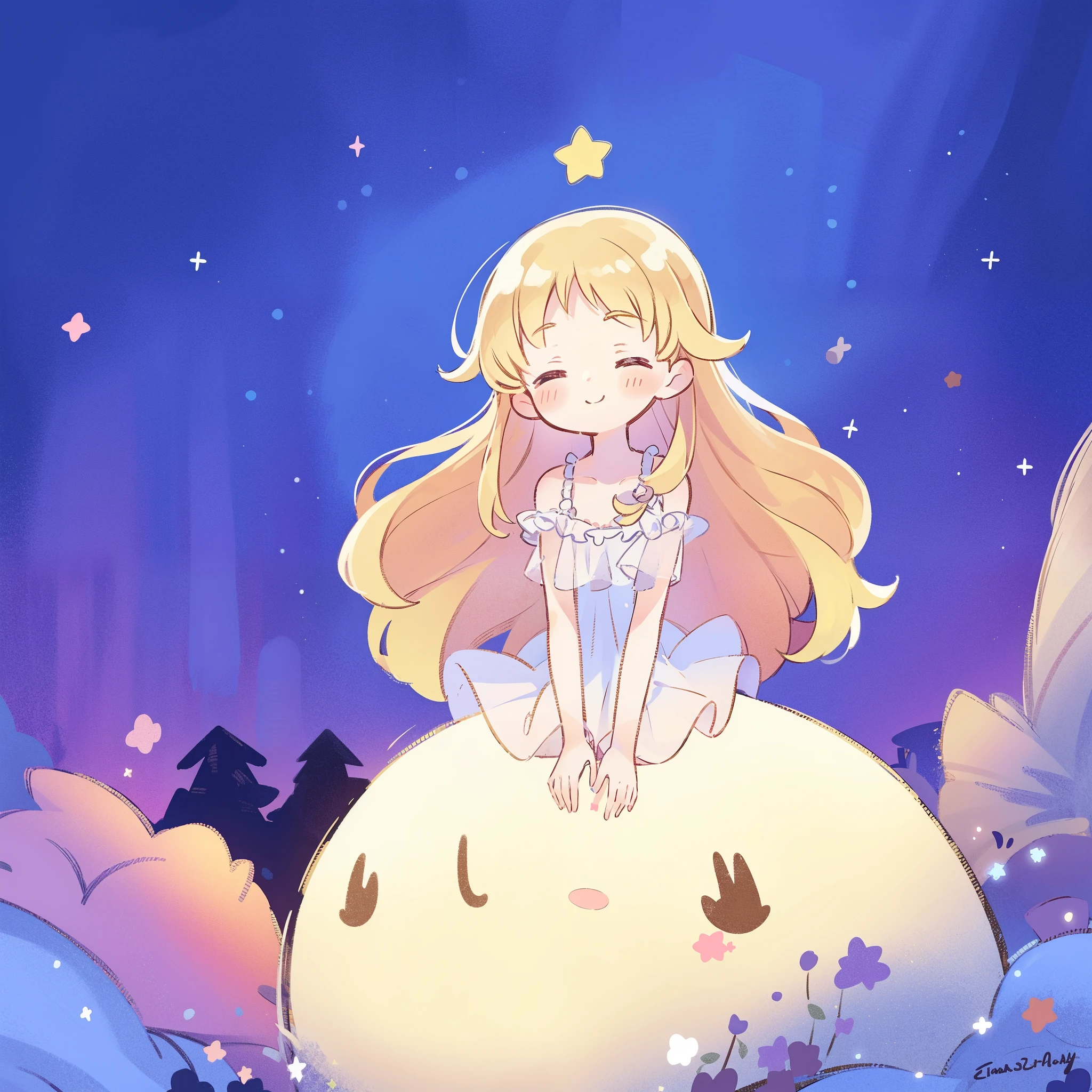 cute style, complex background, wishing star background, gradient peach and gold hair, a woman wearing an ethereal mystical pink translucent dress that reflects the stars, dreamy, peaceful, serene composition, glowing stars, glowing, complex drawing, highly detailed, ethereal, starry night, midjourney style