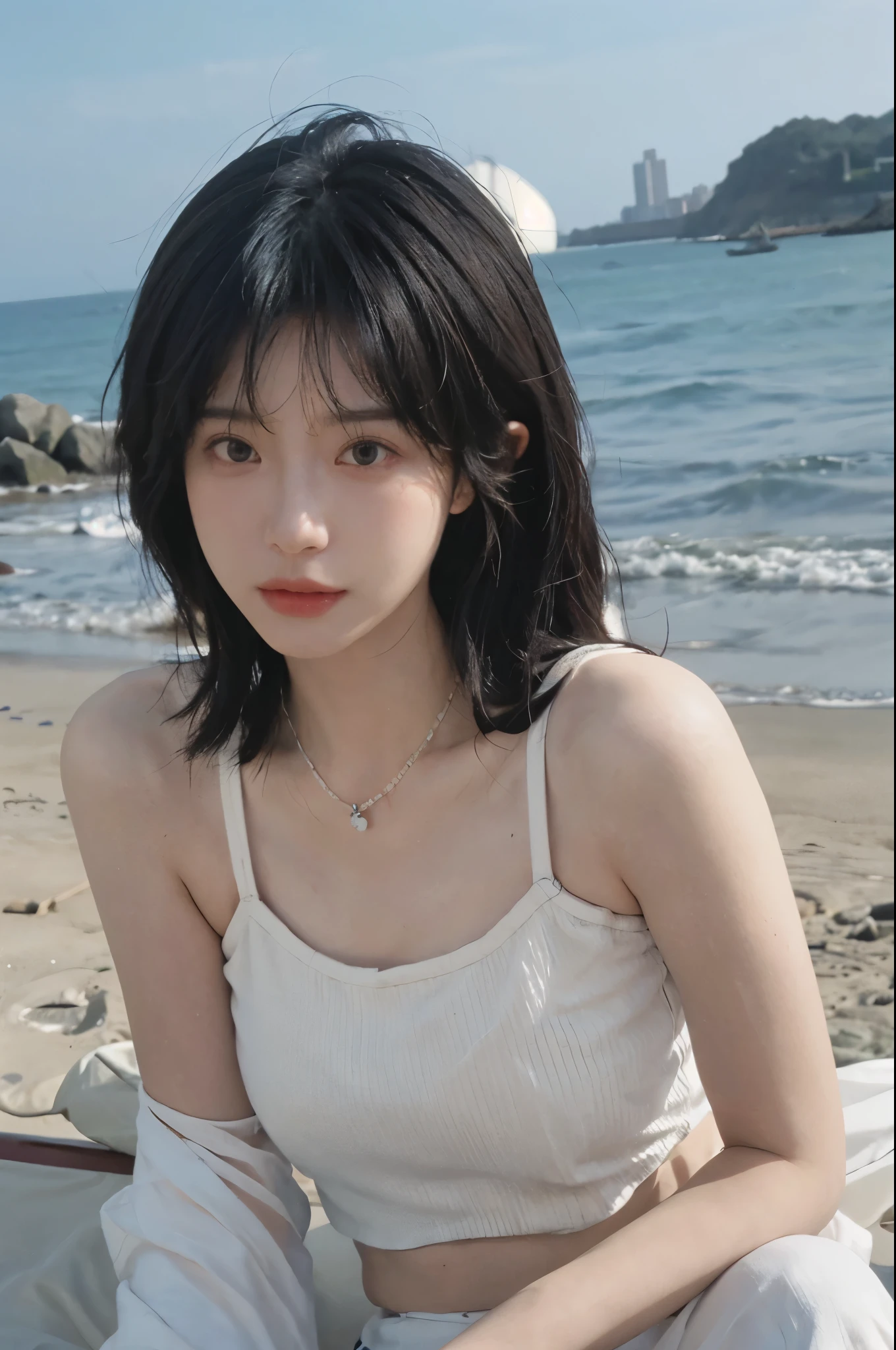 Best quality，Ultra-high resolution，（lifelike：1.4），Cute hairpin，1girll，Long curly hair，jk，Blush，Slim beauty：1.4，Visible abdominal muscles，on the beach，Ultra-fine face，Exquisite eyes，Double eyelids，necklace