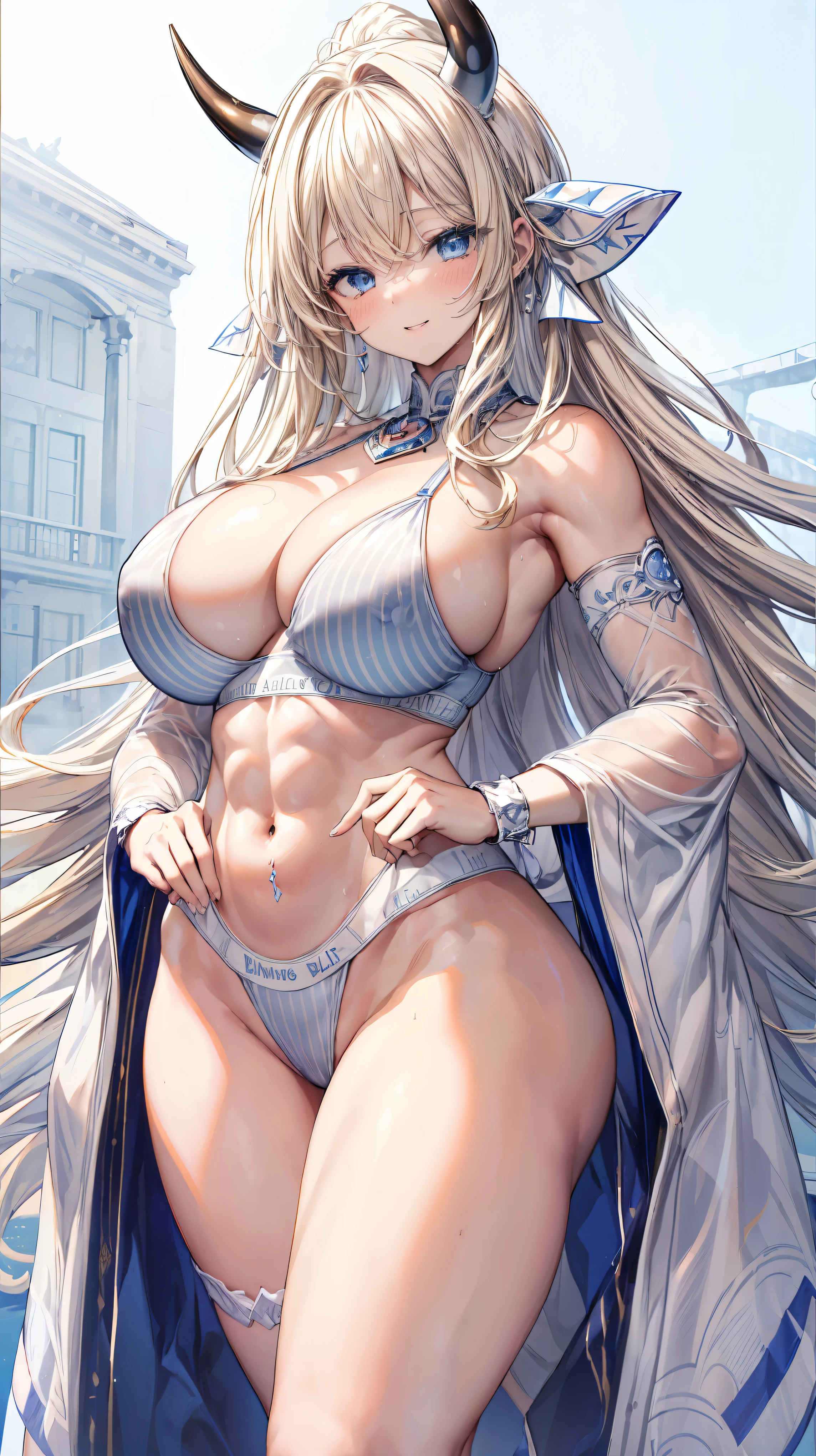 Very detailed、highest quality、Best image quality、masterpiece、8k、Sparkling blue eyes、Anime Face、A kind smile、Open your mouth、Big Breasts、Long blonde curly hair、(SFW Giant)、Cowboy Shot、(White Thong:1.5)、(Muscles of the whole body)、Horn、Professionally、nude