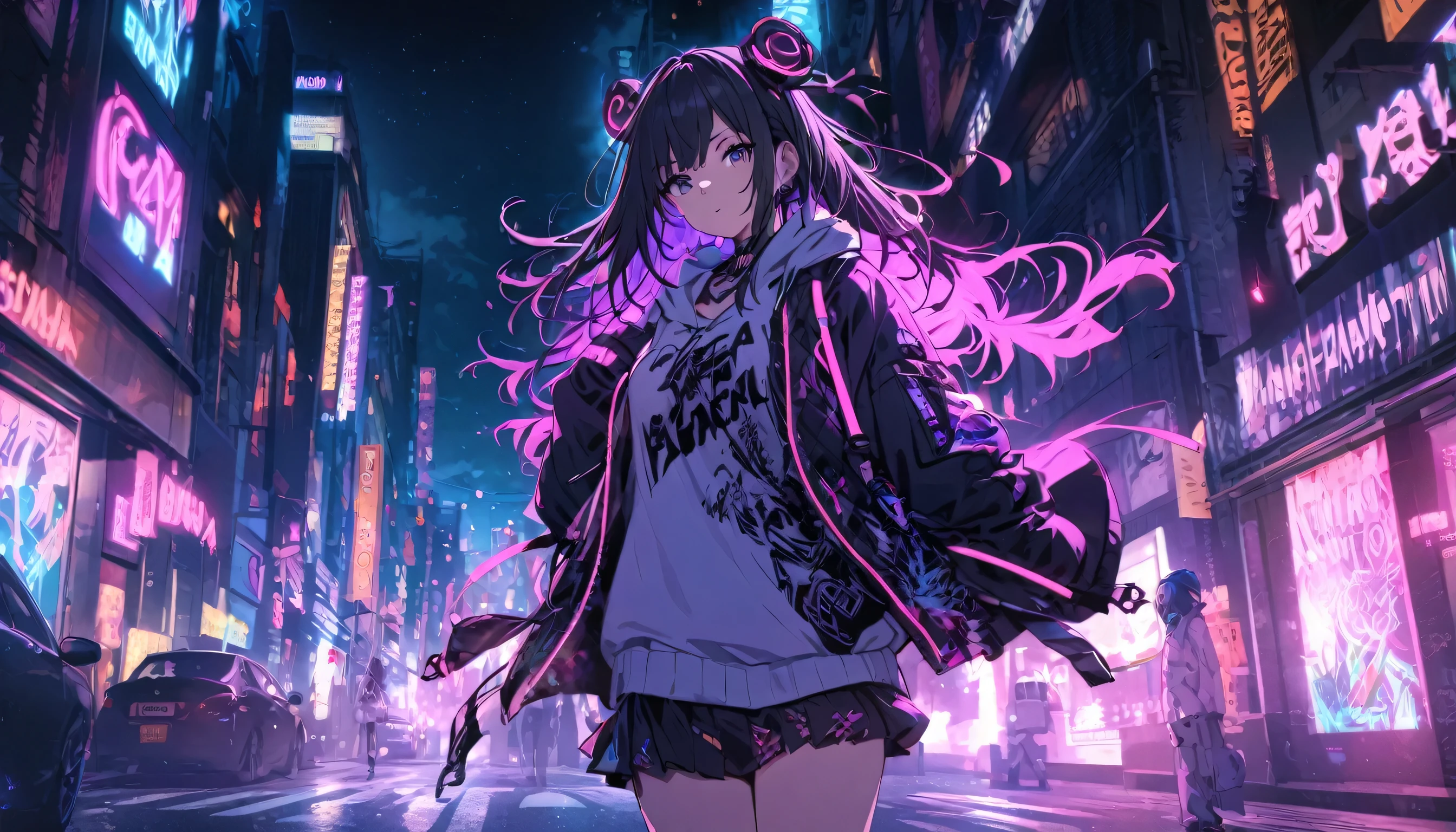 girl, 1 person, night, neon, cool, dark