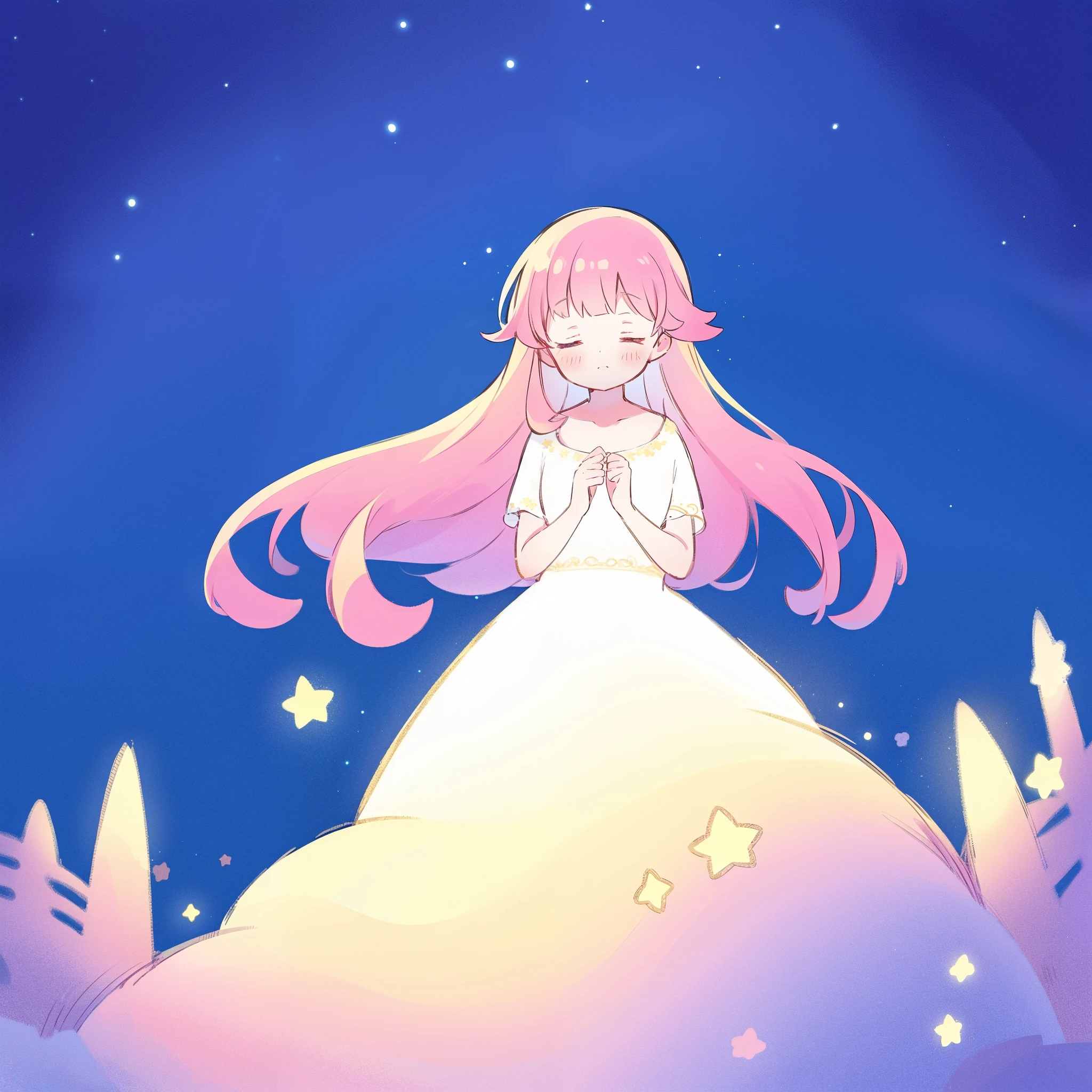 cute style, complex background, gradient pink colorful hair, dark castle silhouette background, a woman wearing an ethereal dress that reflects the stars, dreamy, peaceful, serene composition, glowing stars, glowing, complex drawing, highly detailed, ethereal, starry night, midjourney style