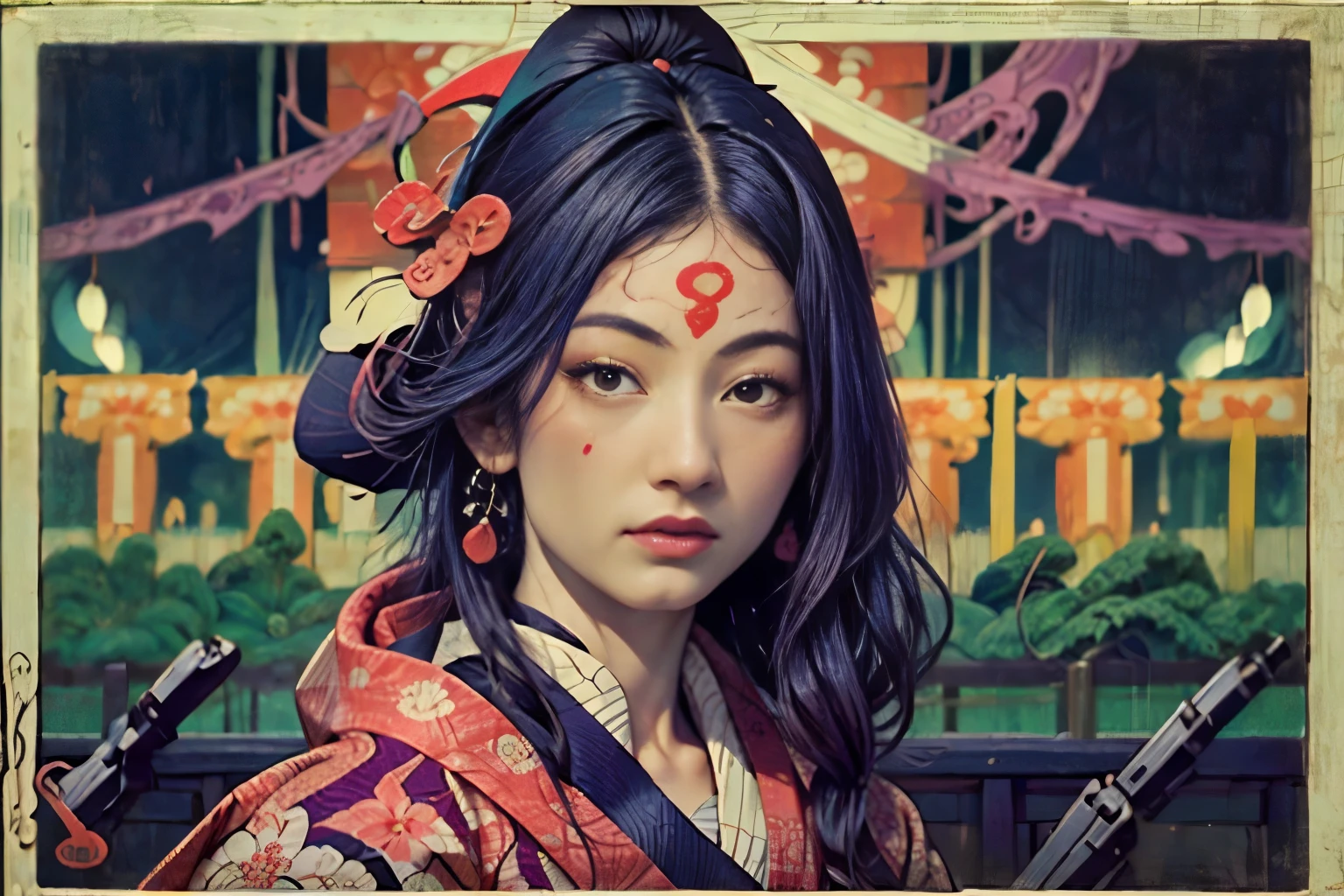 (Ukiyo-e:1.9)、woodblock print、woodblock print、otherscape、SF、Space Opera、(Beautiful woman、Soldier)、Black clouds gather、Detailed face、Beautiful Eyes、Elegant garments、Intricate floral pattern、Delicate skin、Natural light、A calming color palette、Soft Focus、masterpiece、skimpy leather costume、spaceship、alien、night、Crystal Reed