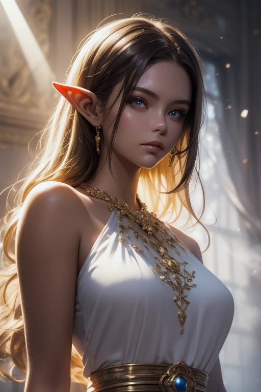 waist shot of a female elf, intricate, slender face, elegant, wearing sapphire necklace, white light dress with straps, facing camera, highly detailed, digital painting, artstation, concept art, smooth, sharp focus, illustration, art by artgerm and greg rutkowski and alphonse mucha, 8k, volumetric fog, bloom, light rays, lumen, cranked bokeh