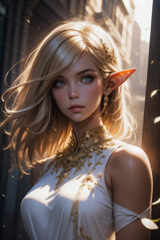 waist shot of a female elf, intricate, slender face, elegant, wearing sapphire necklace, white light dress with straps, facing camera, highly detailed, digital painting, artstation, concept art, smooth, sharp focus, illustration, art by artgerm and greg rutkowski and alphonse mucha, 8k, volumetric fog, bloom, light rays, lumen, cranked bokeh